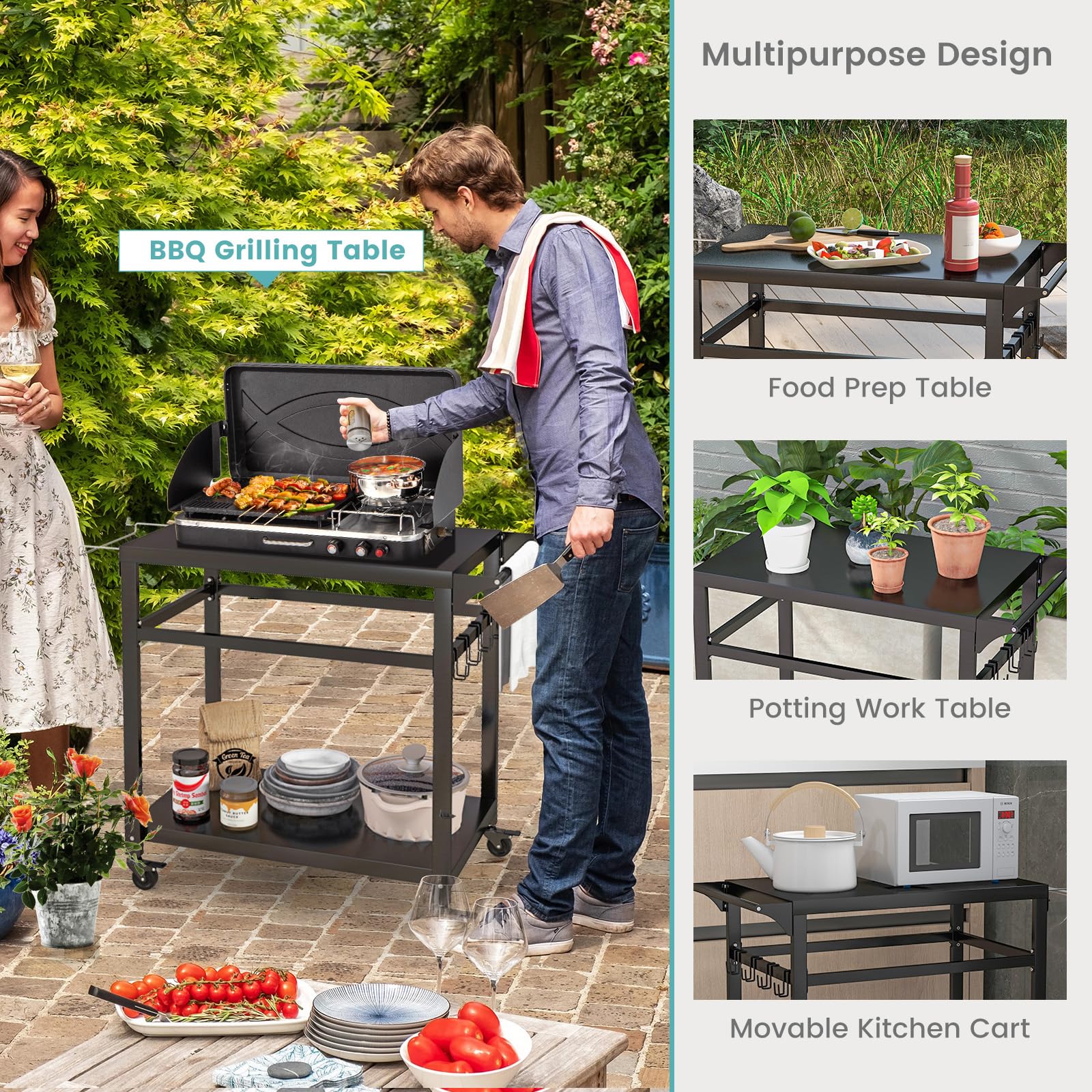 Giantex Outdoor Grill Cart with Lockable Wheels - Double Shelf BBQ Prep Table, Pizza Oven Stand with Garbage Bag Holder & Removable Hooks | Portable Kitchen Cart for Backyard BBQ, Camping, Tailgating & Outdoor Dining Parties