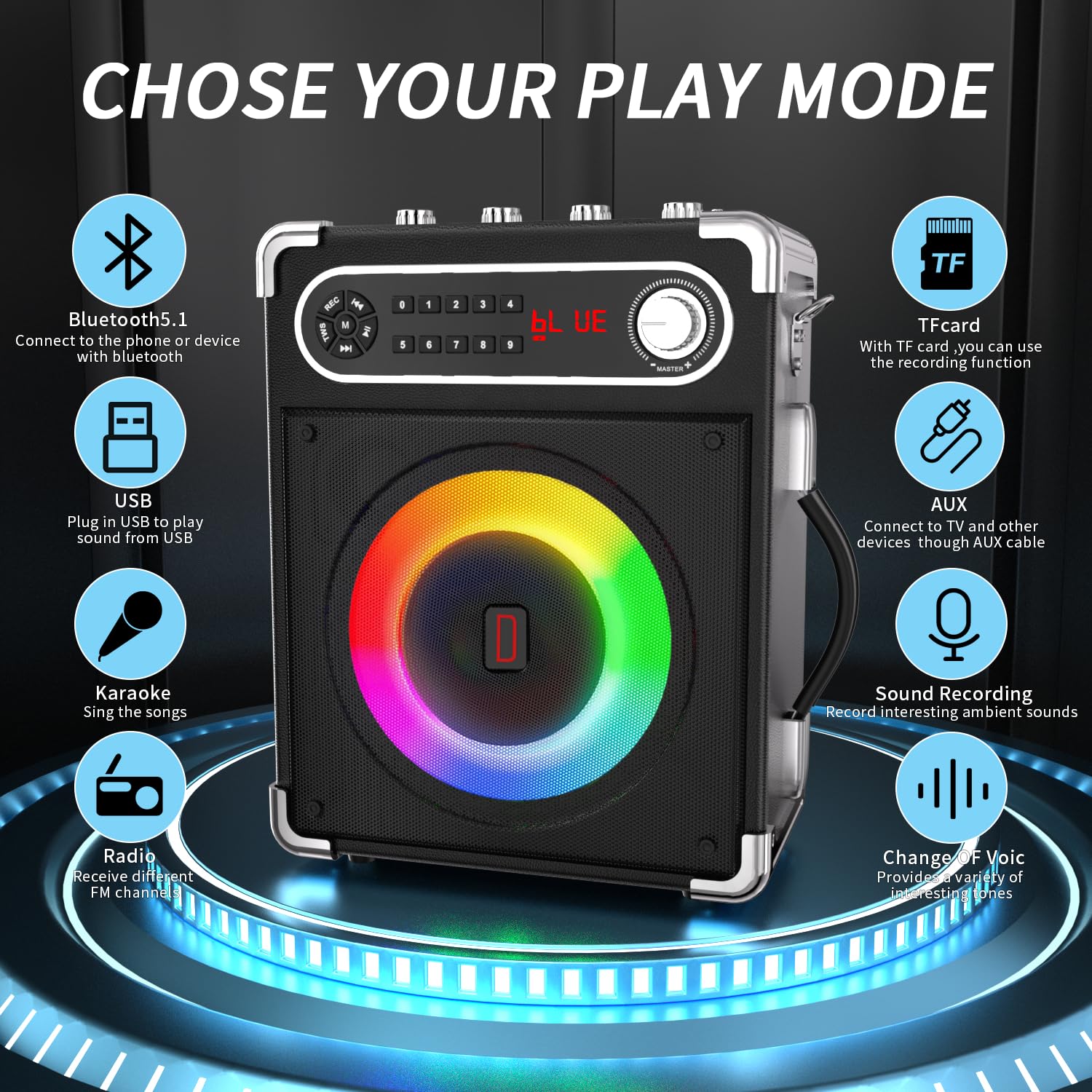 Portable Karaoke Machine with 4 Wireless Microphones - Bluetooth 5.1 Speaker with Bass/Treble Control, PA System, Remote, LED Lights, TF/USB/AUX Input, TWS, FM Radio, Recording - Perfect for Home Parties, Family Gatherings & Outdoor Events