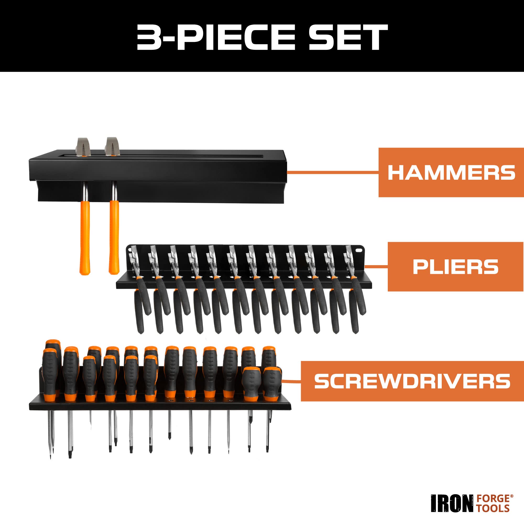 Iron Forge Tools Metal Hand Tool Organizer - Wall Mounted Hammer, Pliers & Screwdriver Storage Rack for Workshop, Garage & DIY Projects - Durable Shop Tool Holder for Easy Organization