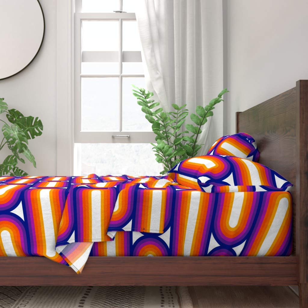 100% Cotton Twin Sheet Set 3-Piece - Rainbow Retro Stripes in Orange & Purple | Custom Printed Bedding by Spoonflower | Perfect for Kids' Rooms, Dorm Decor & Vintage Style Bedrooms