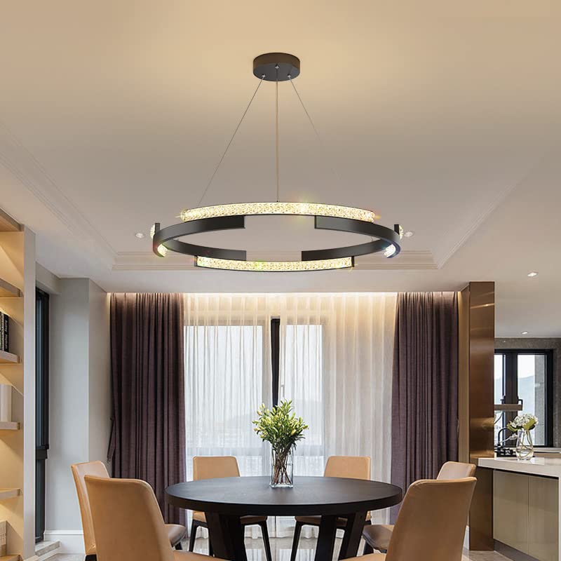DAPERCI Modern LED Crystal Chandelier - 12 Inch Black Round Pendant Light for Dining Room, Kitchen Island, Bar & Living Room | Minimalist Ceiling Lighting Fixture with Hanging Crystal Decor