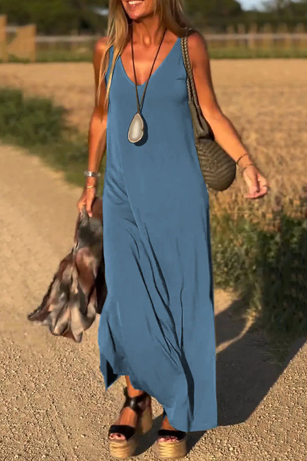 Elegant Solid Color V-Neck Sleeveless Maxi Dress - Casual Loose Fit Summer Beach Dress for Women | Perfect for Vacation, Date Night & Outdoor Events