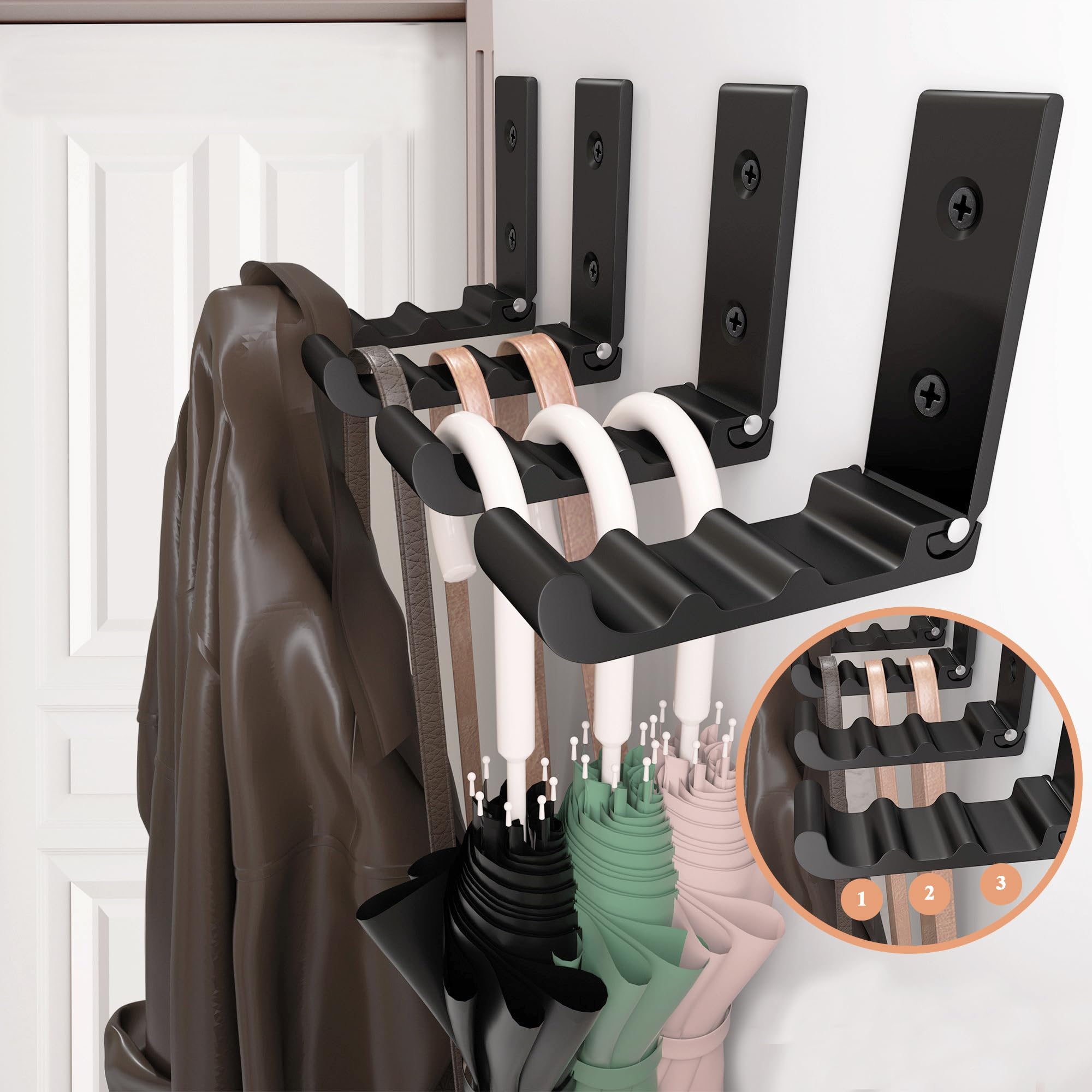 OHIYO 6-Pack Heavy Duty Folding Wall Hooks - Black Space Saving Hangers for Coats, Towels, Hats, Backpacks & Bags - Wave Design Wall Mount Organizer for Entryway, Bathroom & Closet Storage