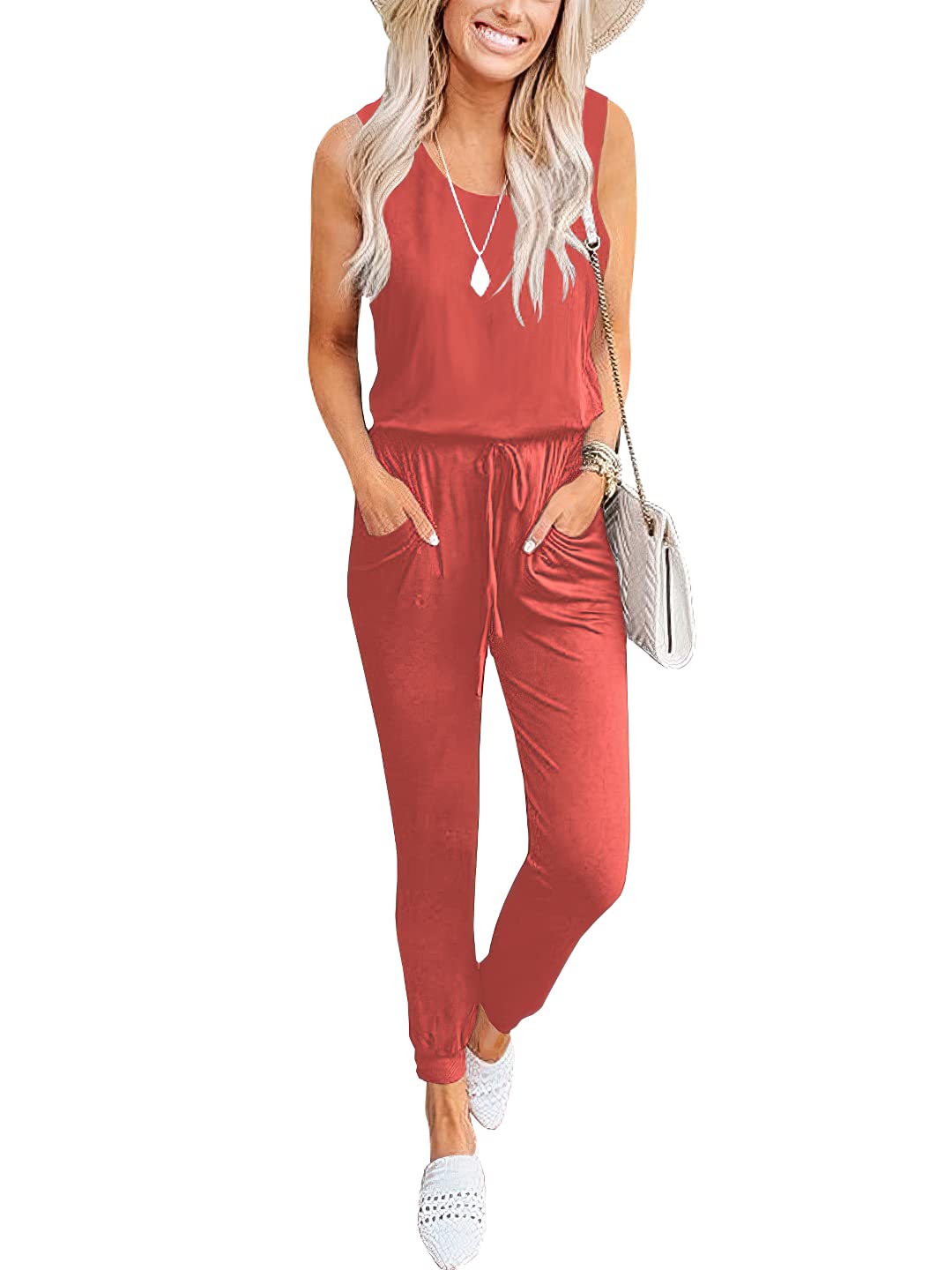 Caracilia Women's Sleeveless Jumpsuit - Stretchy Elastic Waist Romper with Pockets | Casual Summer Outfit for Beach, Travel & Daily Wear