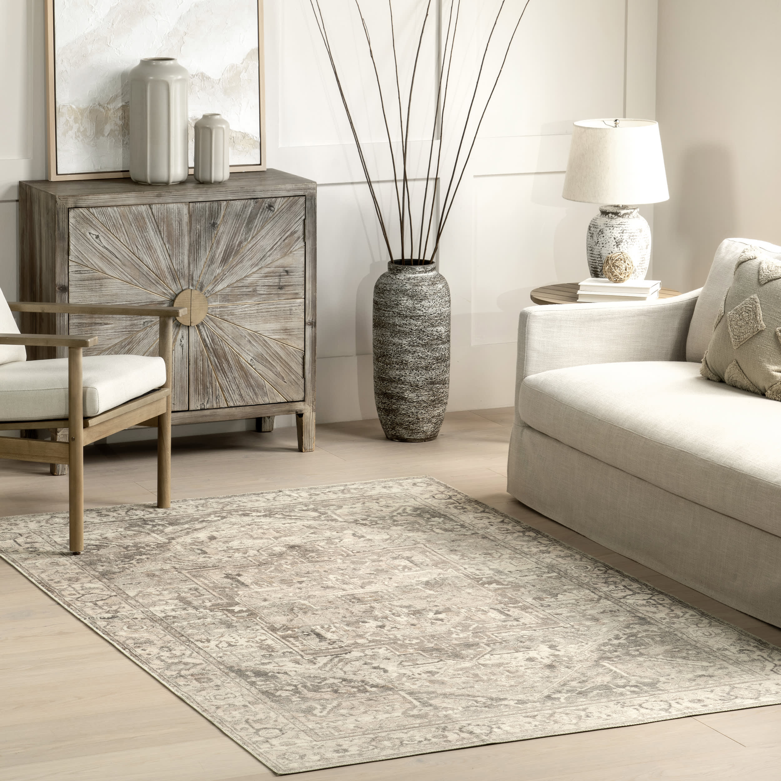 Atrium Medallion Washable Rug - Soft Grey Area Rug for Living Room, Bedroom & Home Decor | Easy to Clean & Durable