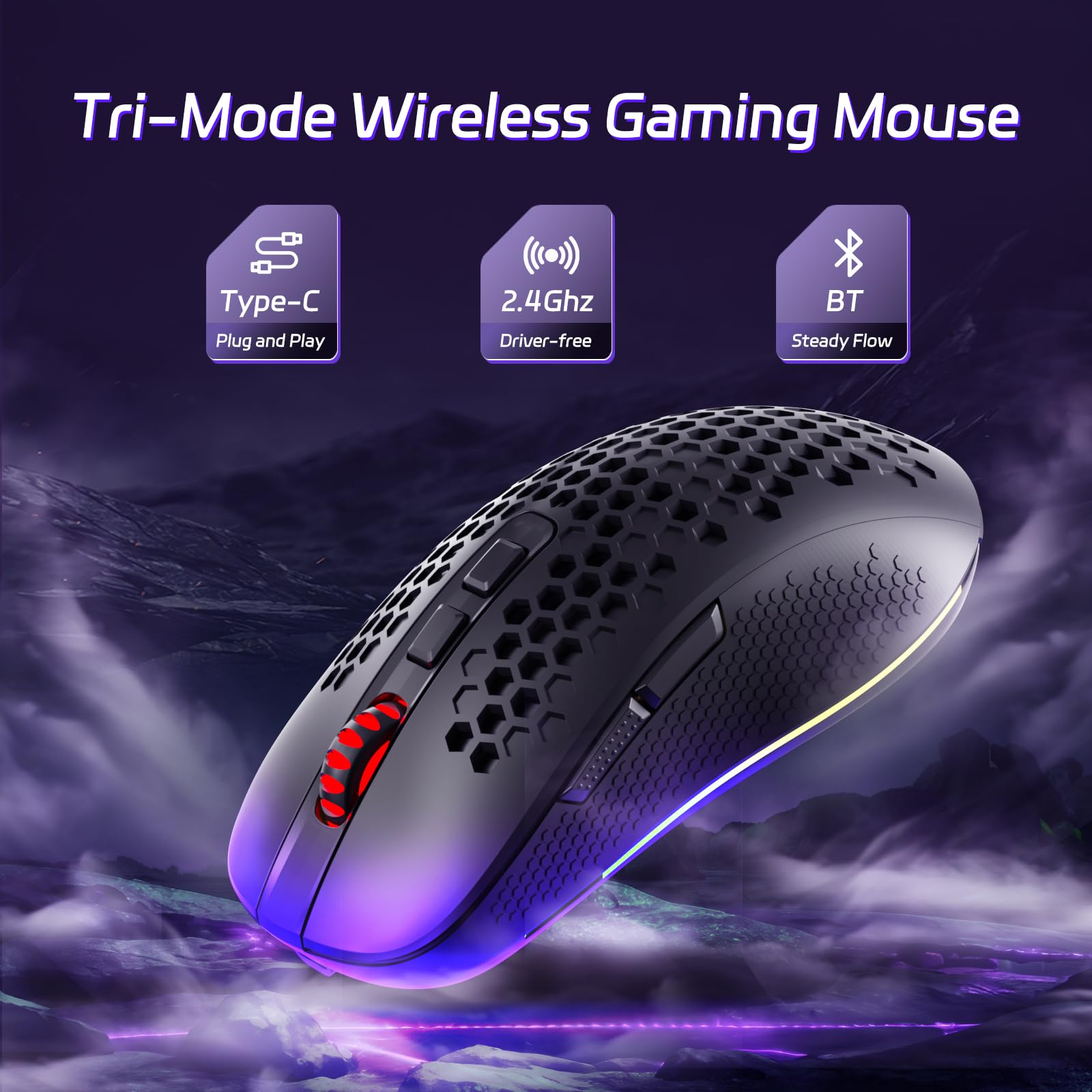 Redragon M694 Wireless Gaming Mouse - Honeycomb Shell, 7200DPI, Tri-Mode, Ultralight, RGB, 7 Programmable Buttons, Long Battery Life for PC & Mac - Perfect for FPS, MOBA & Esports Gaming