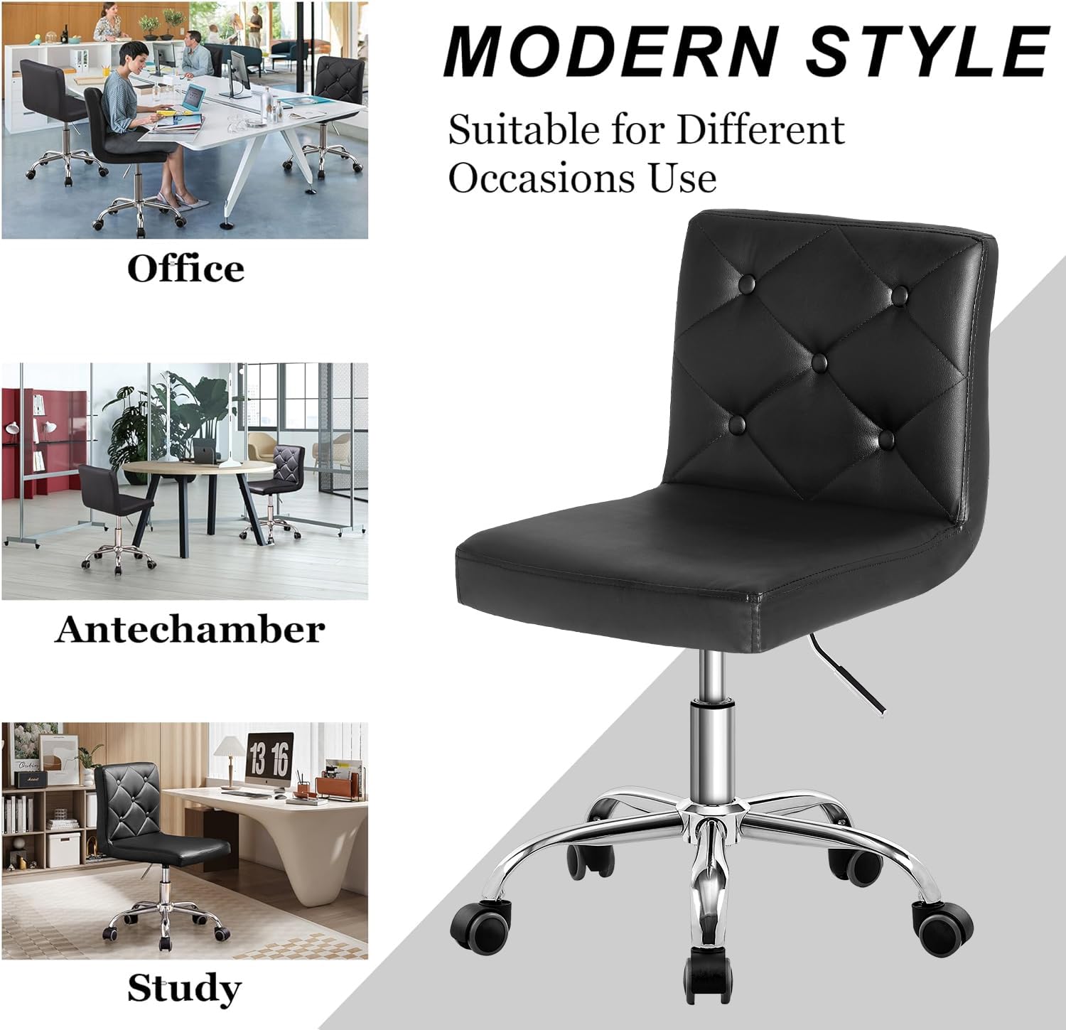 VECELO PU Leather Mid-Back Armless Office Chair - Adjustable Height, 360° Swivel & Rolling Wheels - Ergonomic Desk Chair for Home Office, Study, Gaming & Workspace