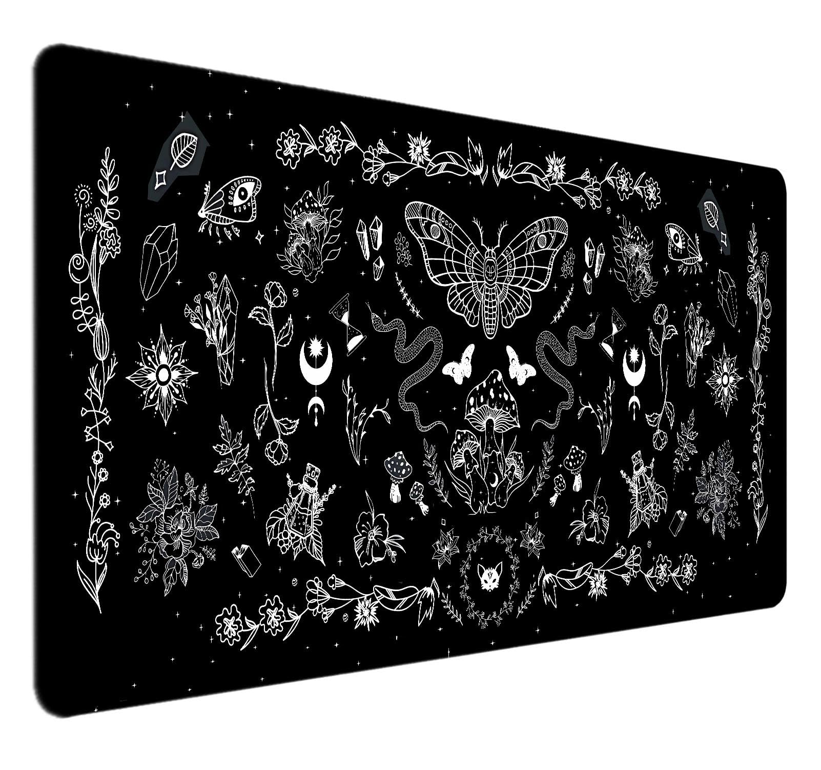 Gothic Large Mouse Pad - Black Occult XXL Desk Mat with Celestial Mushroom Design for Gaming & Office Use | Halloween Witchy Decor | Perfect Gift for Gamers & Office Workers