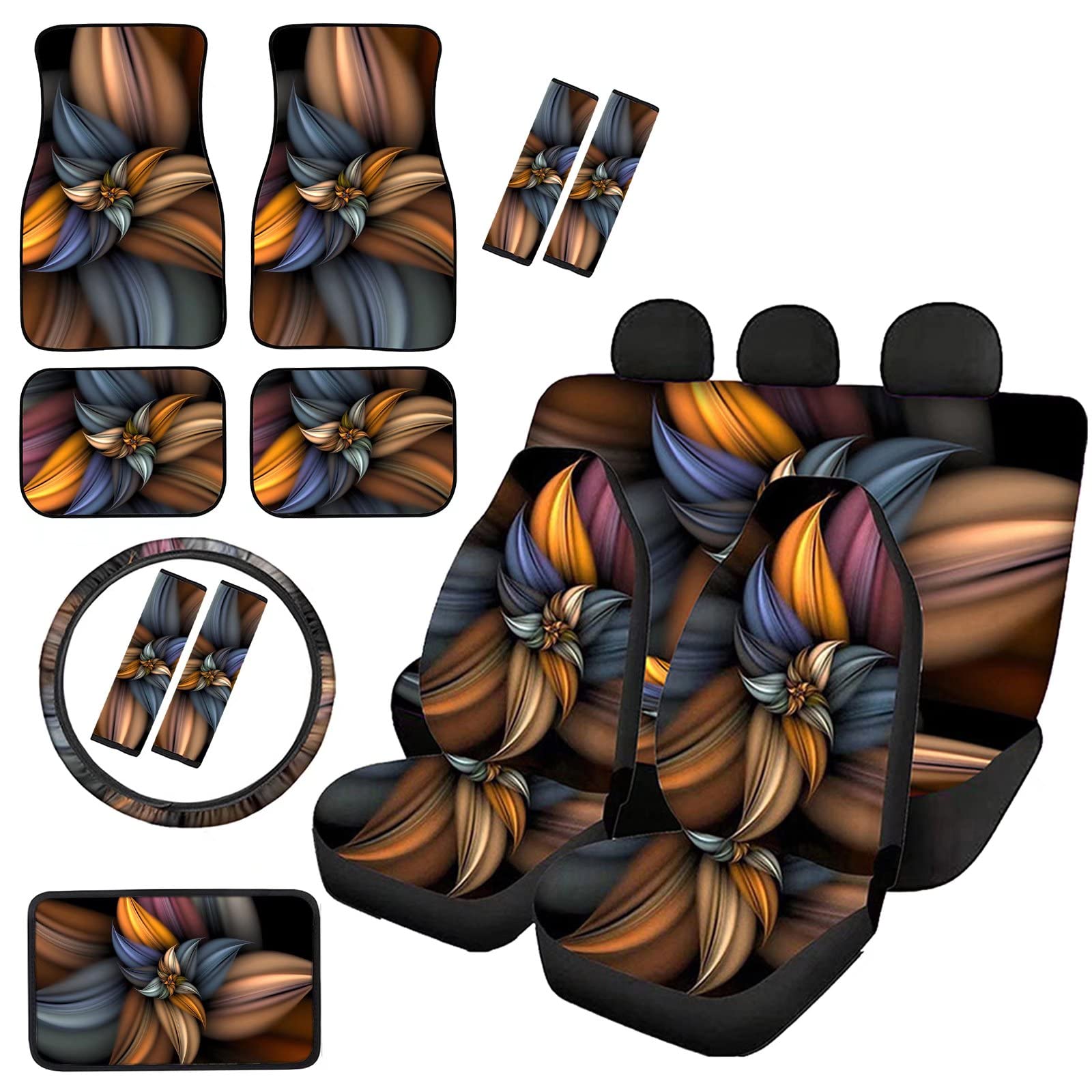 14PCS Universal Car Seat Covers Set - Spiral Flowers Design Front & Rear Seat Covers, Steering Wheel Cover, Console Cover, 2 Pairs Seat Belt Pads & Heavy Duty Rubber Floor Mats (Modern Brown) | Perfect for SUV, Sedan, Truck Interior Protection & Style Upgrade