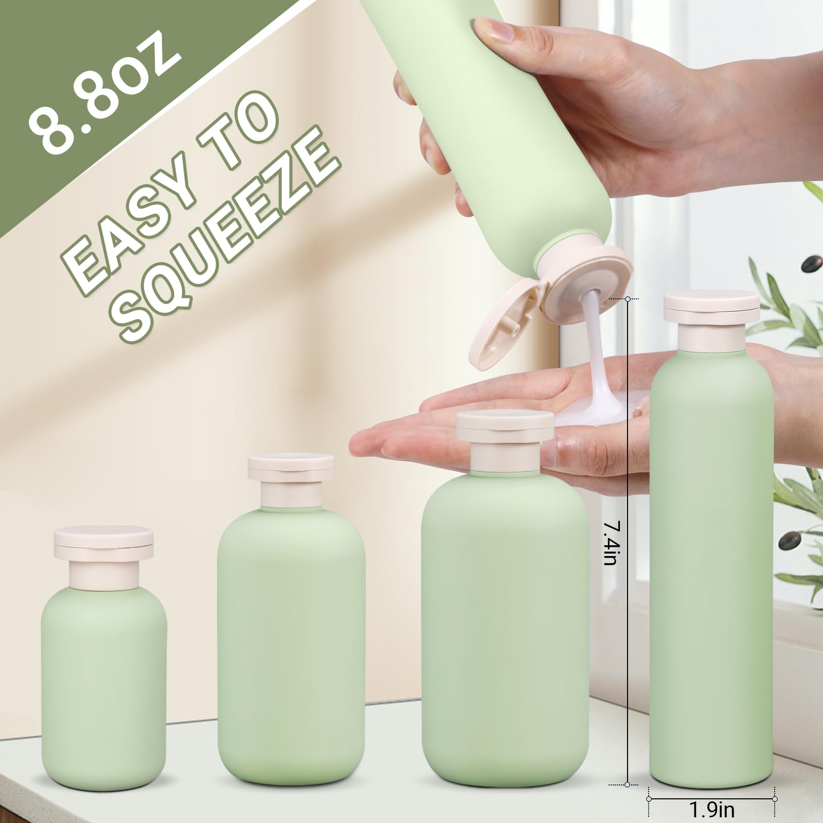 8.8 oz Leak Proof Travel Bottles for Toiletries - 4 Pack Refillable Squeeze Bottles for Shampoo, Conditioner, Lotion & Body Wash | TSA Approved, BPA Free Plastic Containers for Air Travel, Gym & Camping Essentials