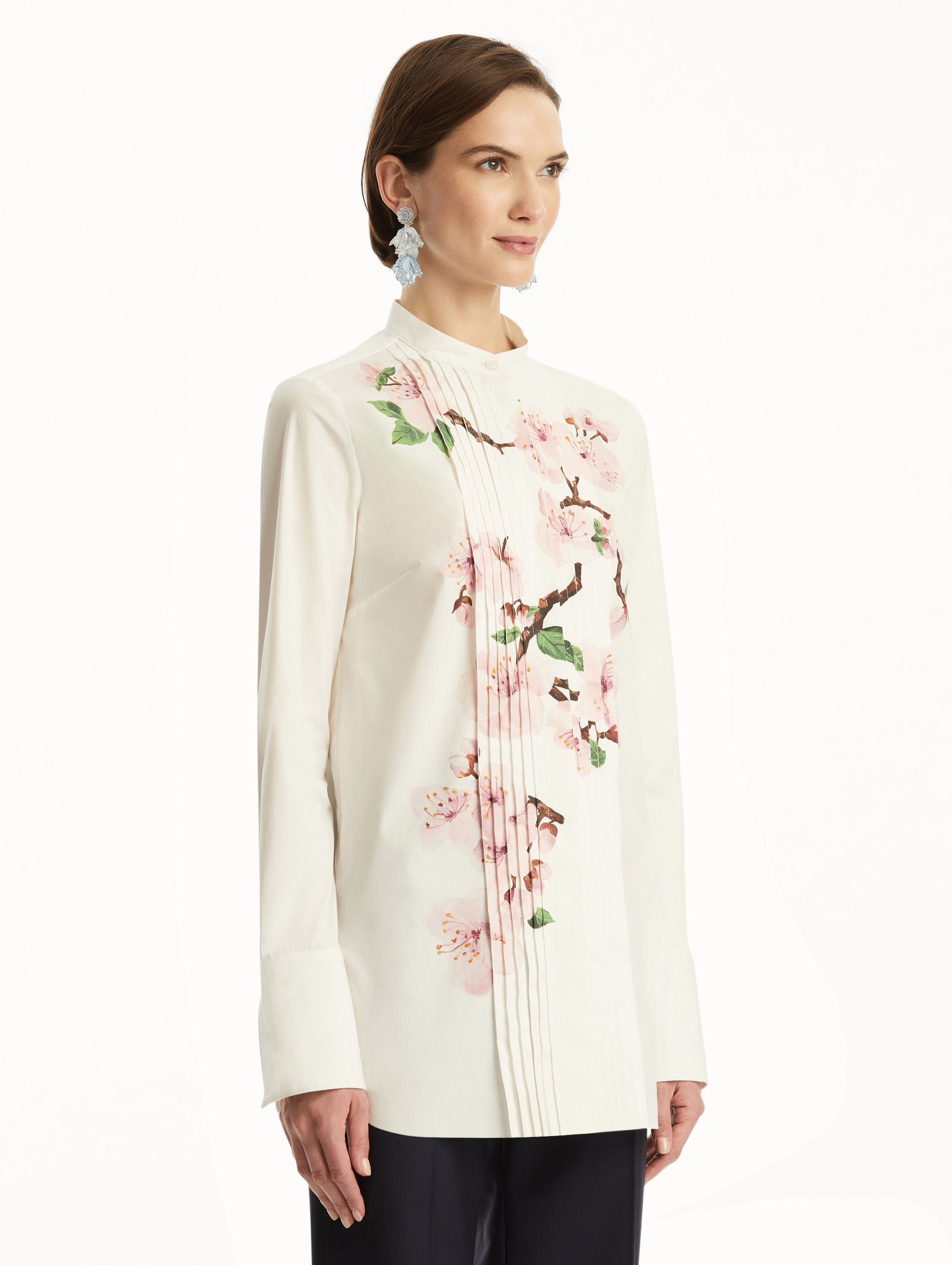 Cherry Blossom Print Cotton Poplin Pleated Blouse for Women - Elegant Spring Summer Tops for Office, Date Night & Casual Wear
