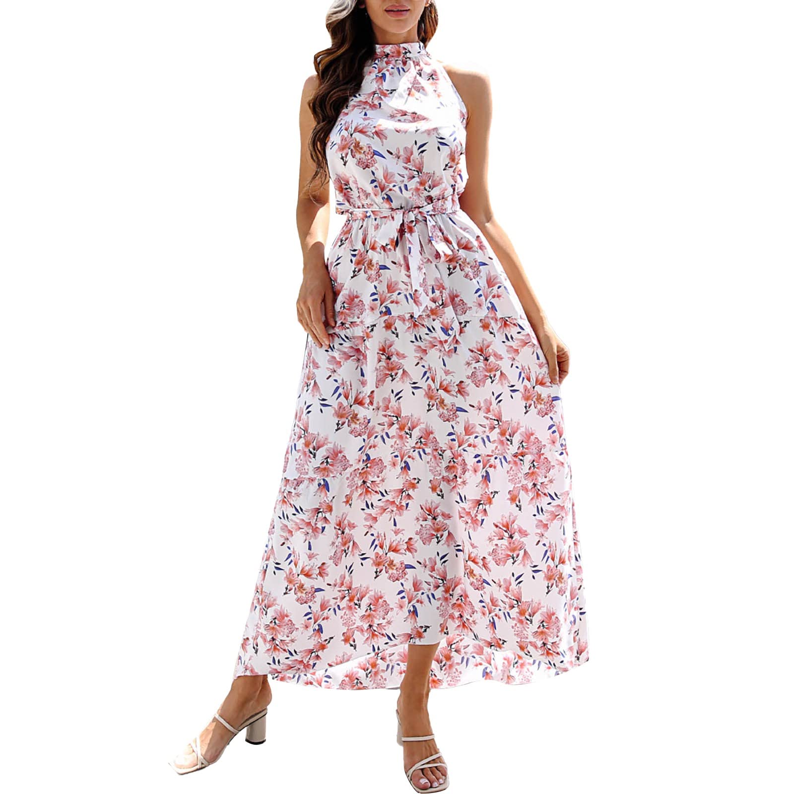 Women's Floral Maxi Dress - Halter Neck Sleeveless Backless Summer Sundress with Belt, Plus Size Casual Loose Ruffle Dress | Perfect for Beach Vacations, Date Nights & Summer Parties