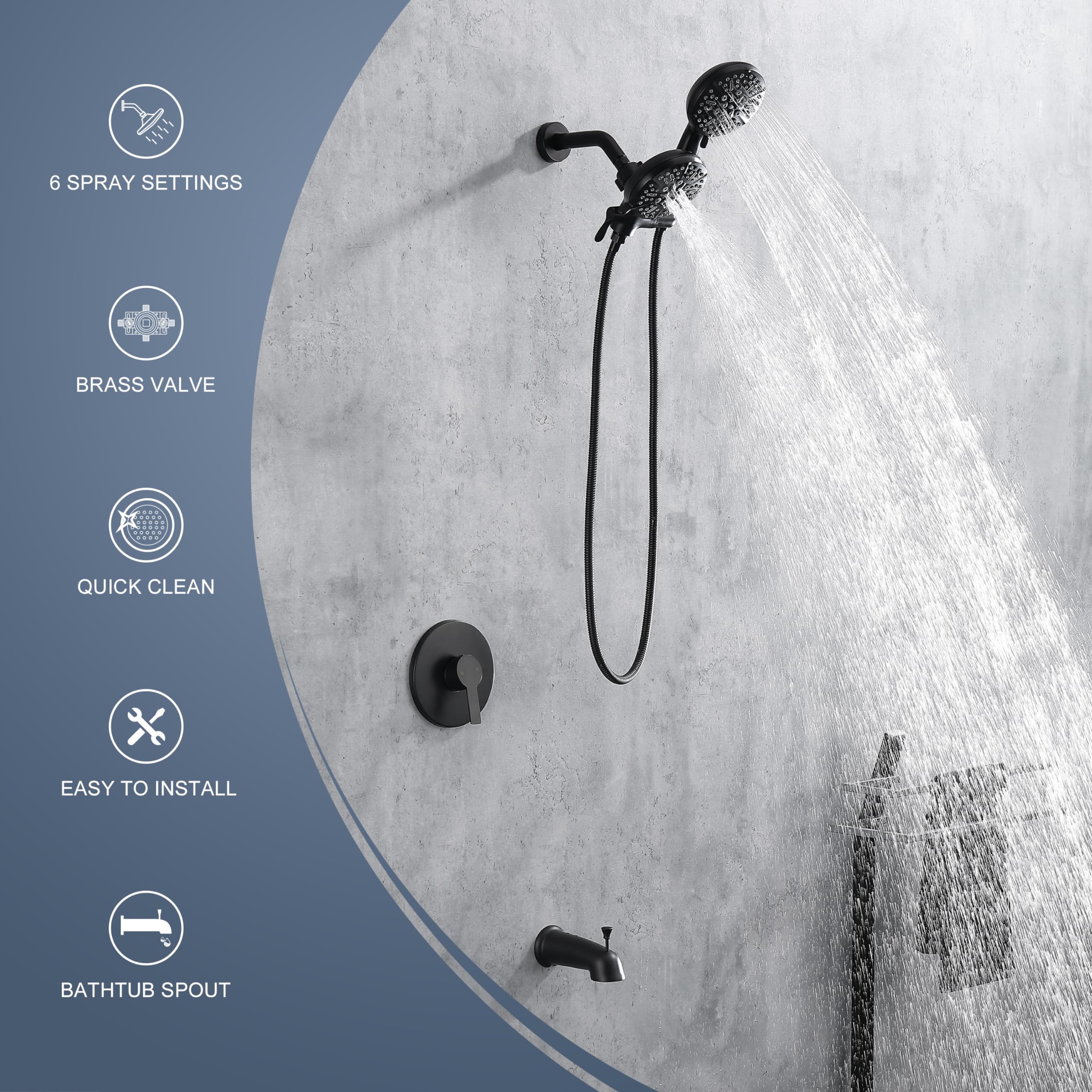 KIRLYSTONE Matte Black Shower Faucet Set - High Pressure Shower System with Rainfall Shower Head & Handheld Sprayer - Brass Valve Bathtub & Shower Trim Kit for Modern Bathroom Renovation (Perfect for Master Bath, Guest Bath & Spa-Like Shower Experience)