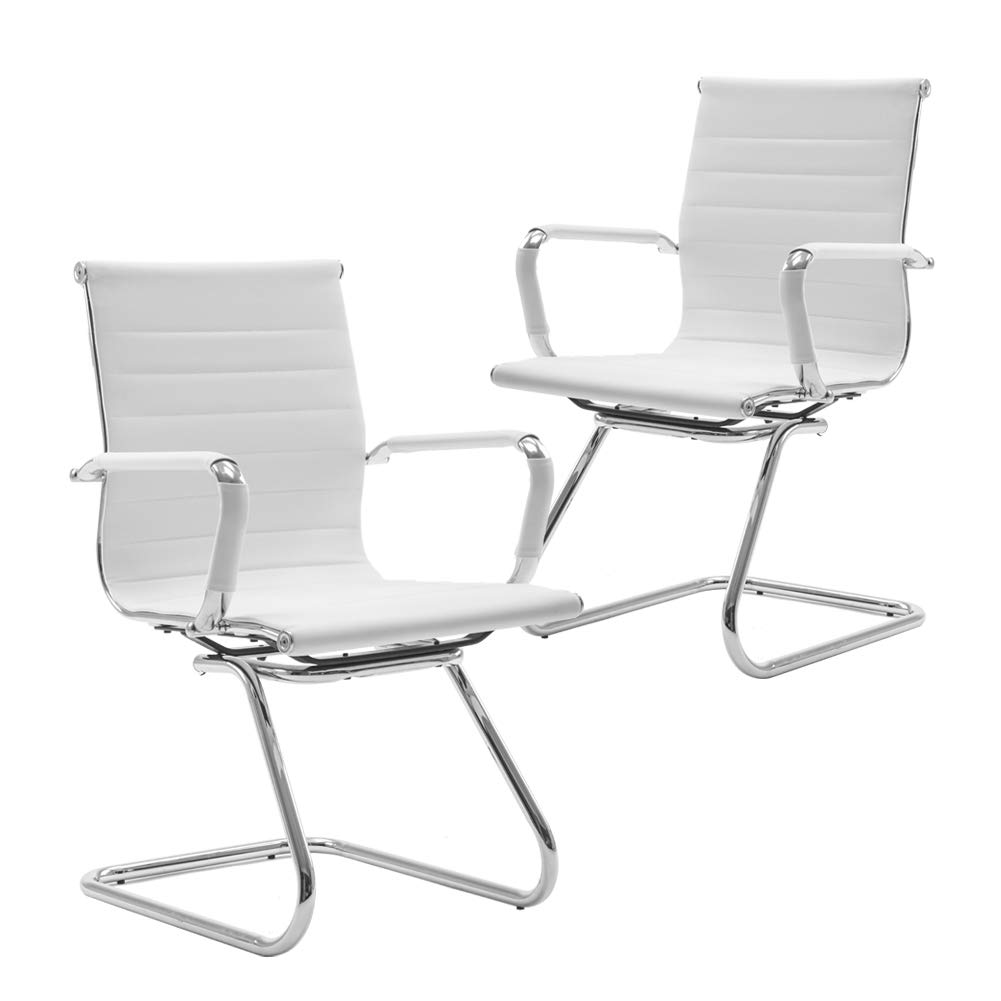 Premium Leather Reception Chairs - Heavy Duty Conference Chairs with Back Support, No Wheels, Set of 2 (White) - Perfect for Office Lobbies, Waiting Areas & Guest Seating