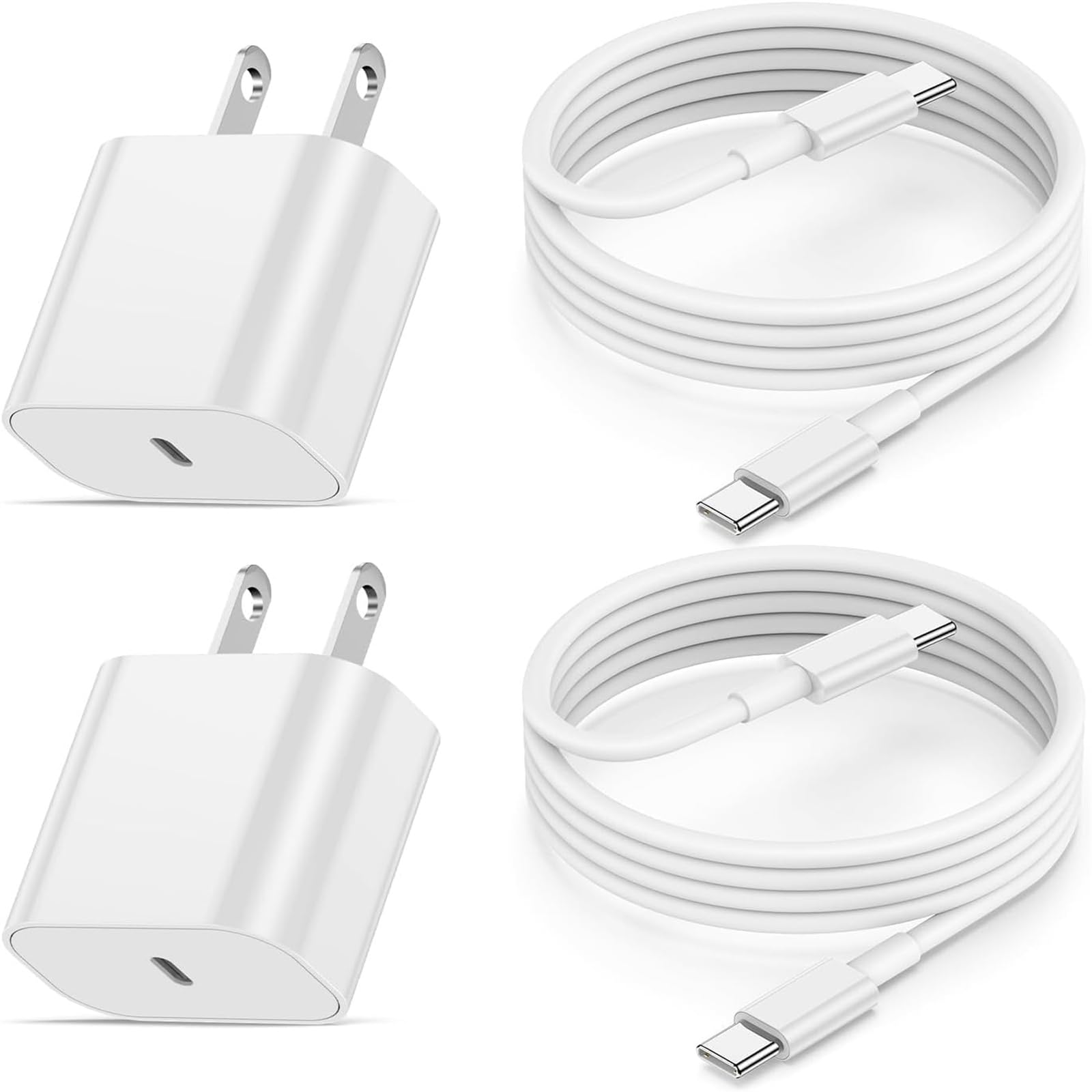 2-Pack 20W USB C Fast Charger Block for iPhone 15/15 Plus/15 Pro/15 Pro Max - Includes 6FT USB-C to C Cable - Compatible with AirPods Pro & iPad Air/Mini - Perfect for Home, Office & Travel Charging