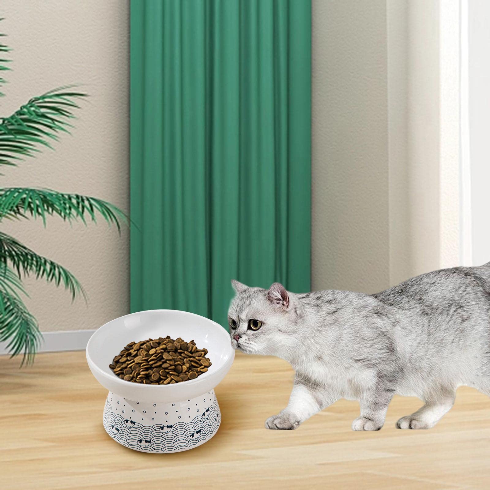 Raised Ceramic Cat Food Bowl - Stylish 15cmx9cm for Pets - Home & Travel Use