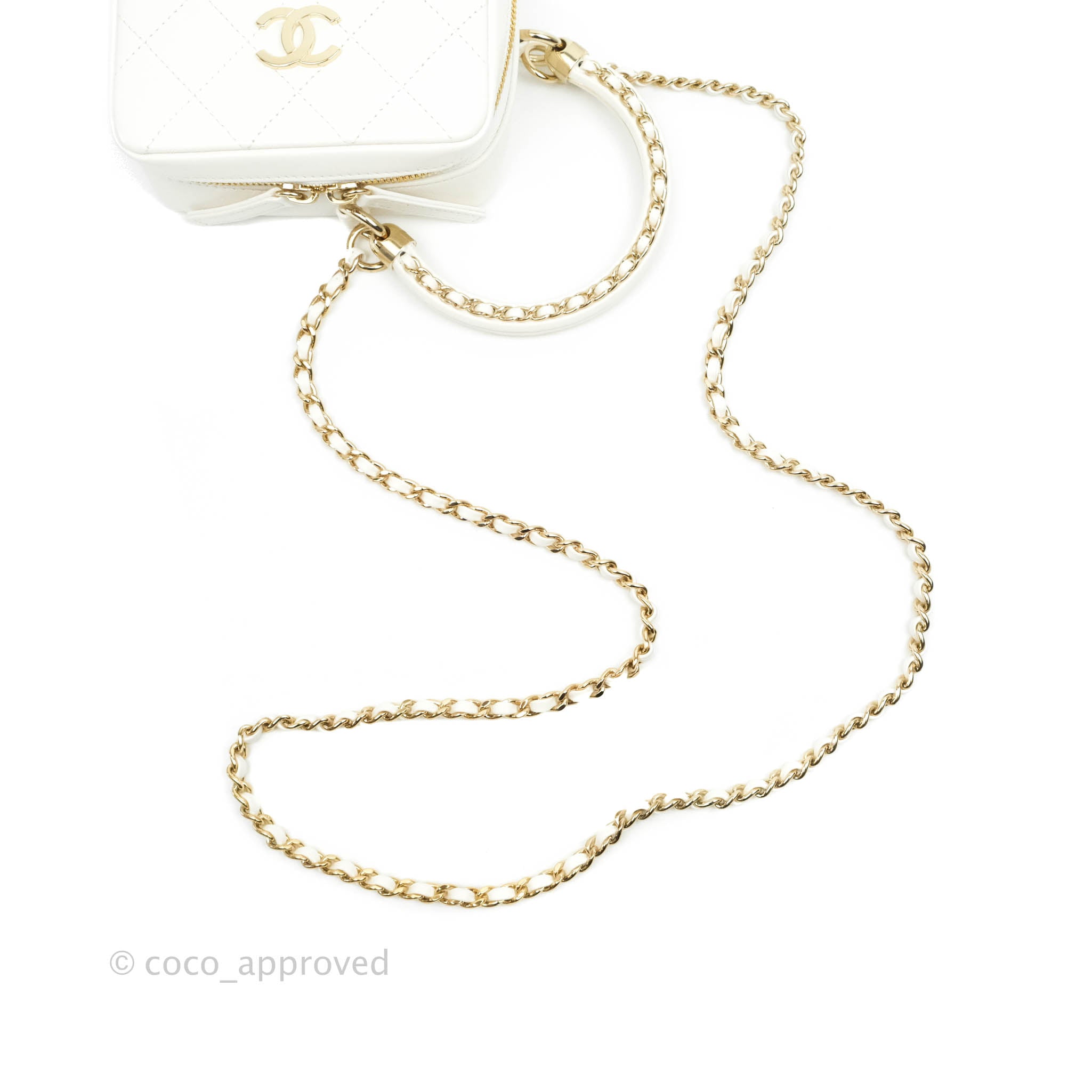 Chanel White Calfskin Circular Handle Zip Around Vanity Case with Gold Hardware - Perfect for Travel, Parties & Everyday Luxury (20S Collection)