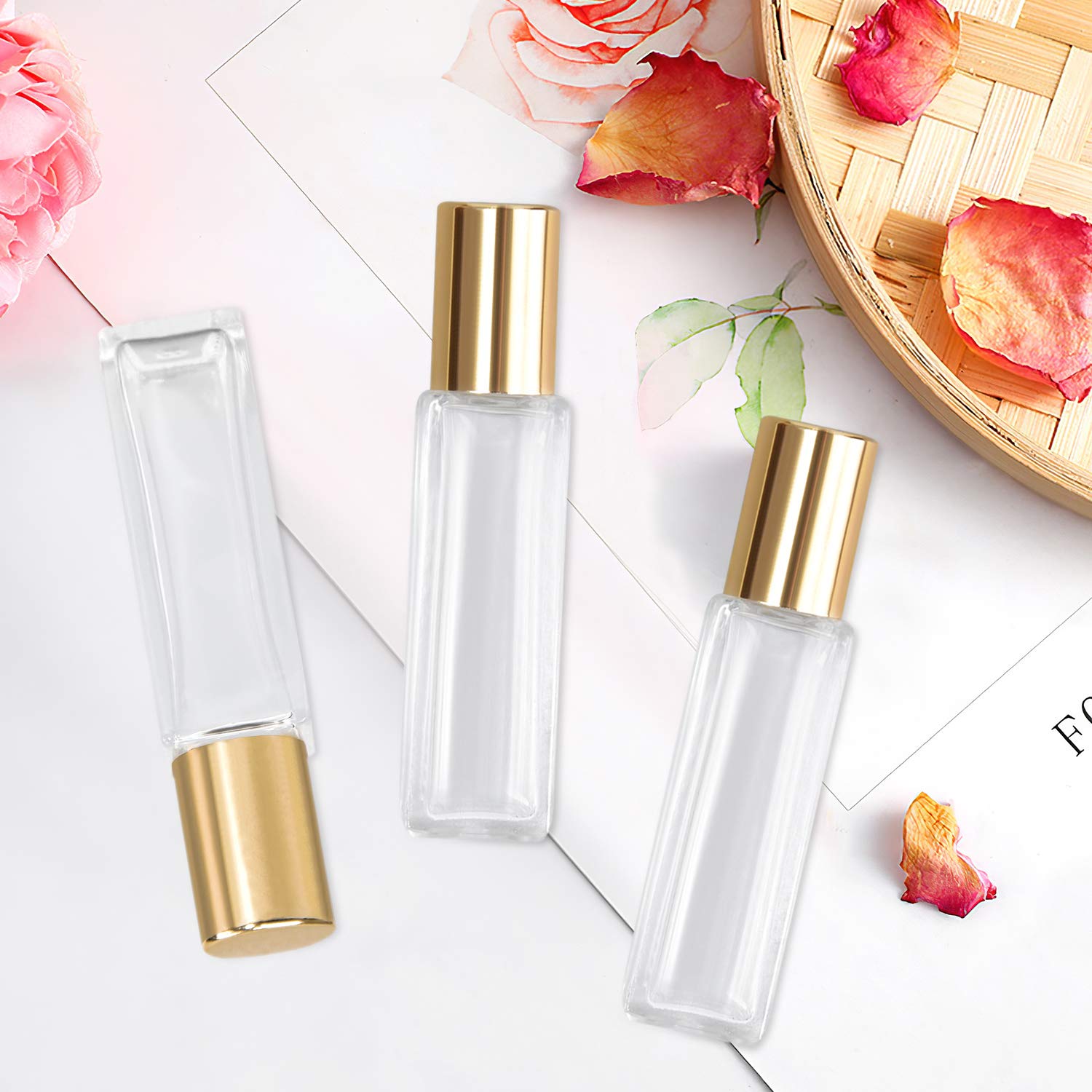Wifreo Refillable Perfume Essential Oil Roller Bottles - 4 Pack Square Thick Glass 10ml (1/3oz) for Aromatherapy, DIY Fragrance & Travel Essentials