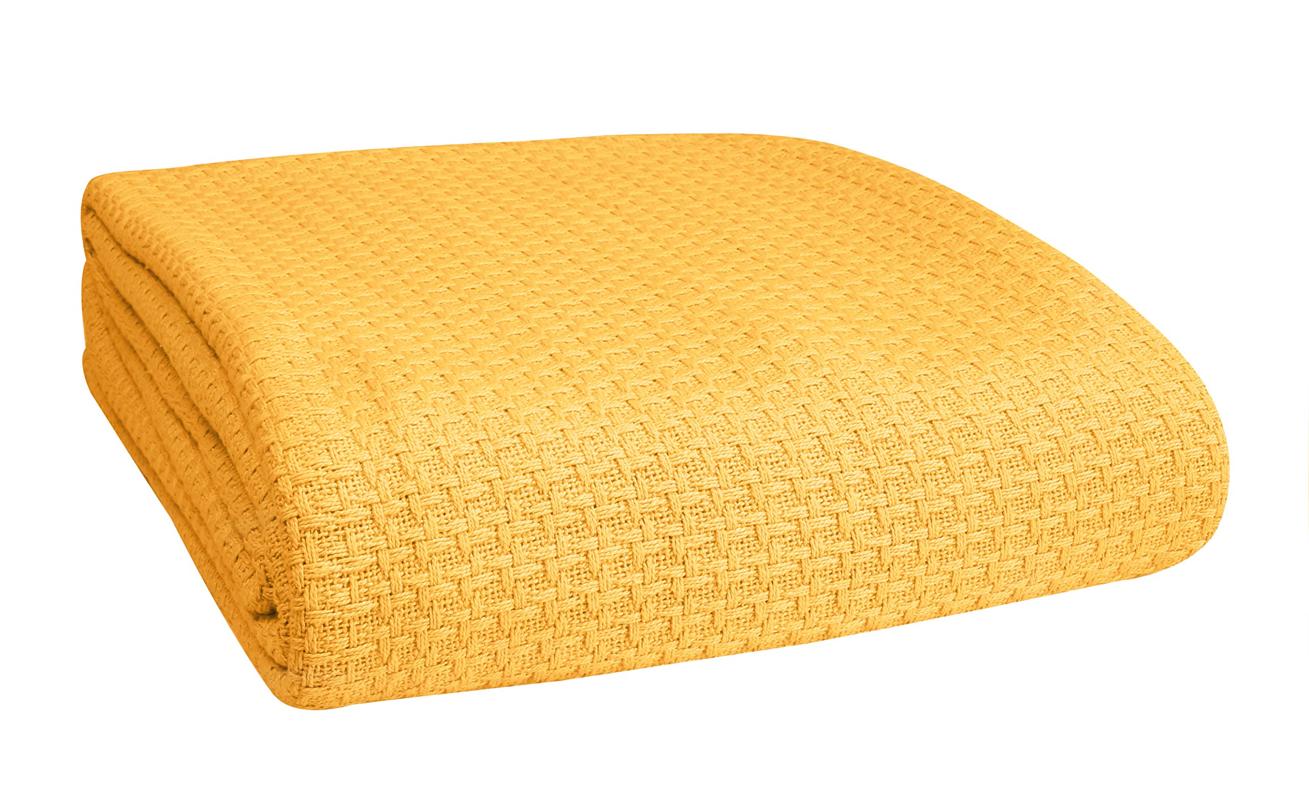 BELIZZI HOME 100% Cotton Twin Size Thermal Blanket - Breathable All-Season Bed Blanket for Layering | Mustard Yellow | Perfect for Cozy Nights, Guest Rooms & Dorm Essentials