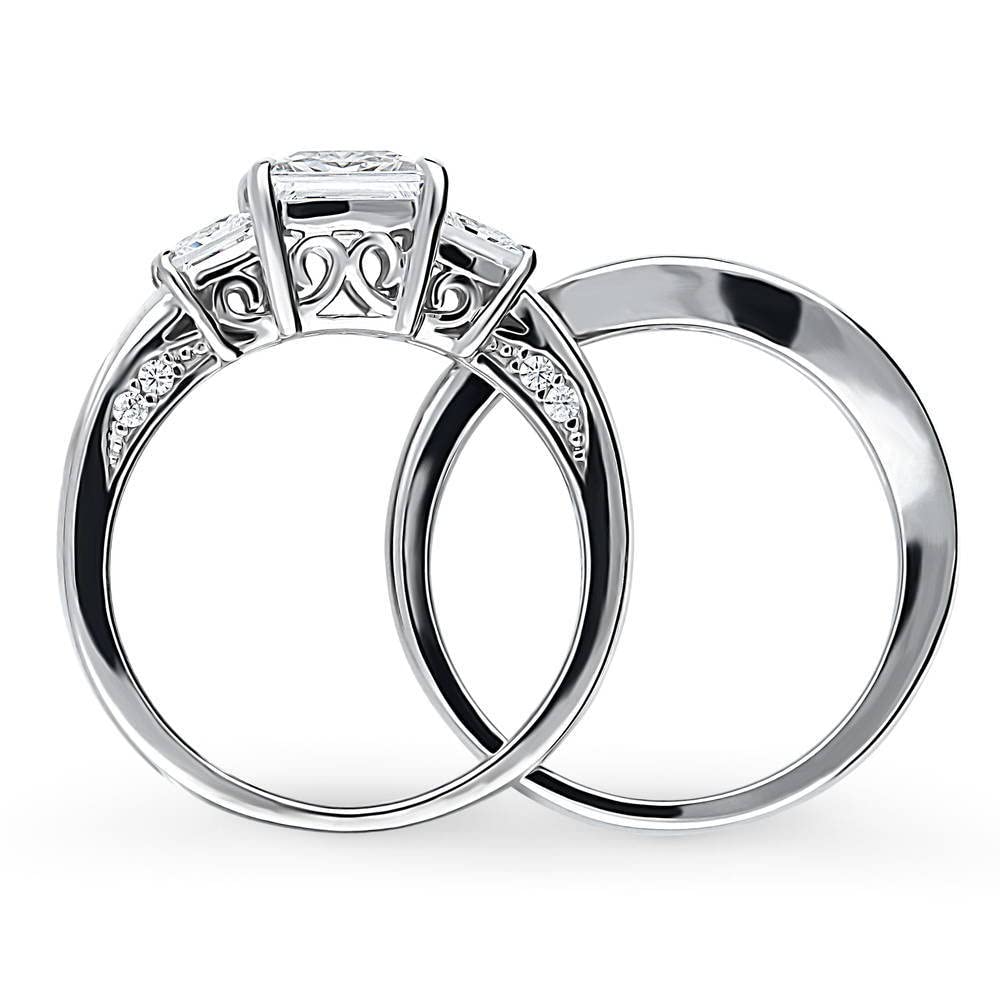 BERRICLE Sterling Silver 3-Stone Princess Cut Cubic Zirconia Engagement Ring Set for Women, 1.6 Carat CZ Wedding Band, Rhodium Plated Size 4-10 - Perfect for Proposals, Anniversaries & Bridal Jewelry Gifts