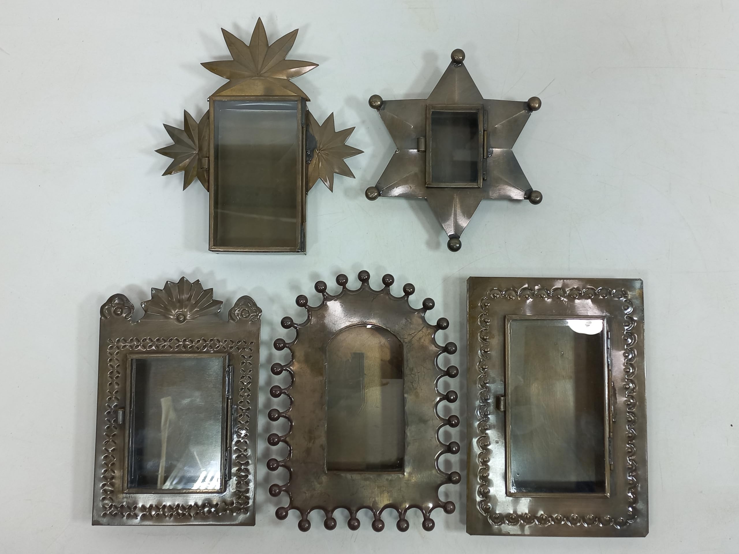 Handmade Mexican Folk Art Set of 5 Punched Tin Nichos Boxes with Glass - Wholesale Lot for Home Decor, Wall Display & Gift Giving