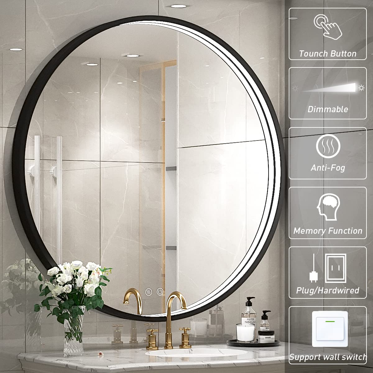 32 Inch LED Round Bathroom Mirror with Light - Wall Mounted Anti-Fog Vanity Mirror with Dimmable Touch Switch, Waterproof IP54, 90+ CRI - Perfect for Makeup, Shaving & Home Decor