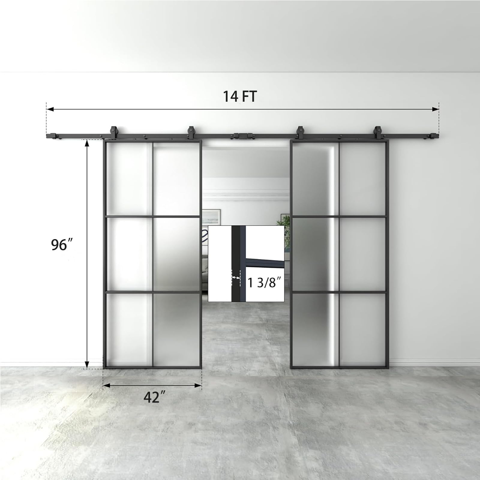 84 x 96 Inch Frosted Glass Double Barn Door with 14FT Sliding Hardware Kit - Aluminum Frame Easy Assembly for Bedroom, Closet & Room Divider | BARNSMITH