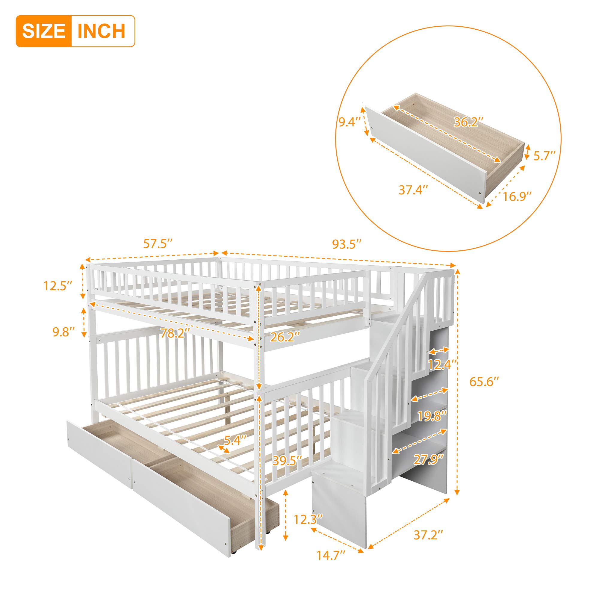 Modern White Pine Full-Over-Full Bunk Bed with 4 Storage Drawers & Safety Guard Rail - Space-Saving Bedroom Solution for Kids, Teens, Dorm Rooms & Small Spaces - No Box Spring Required