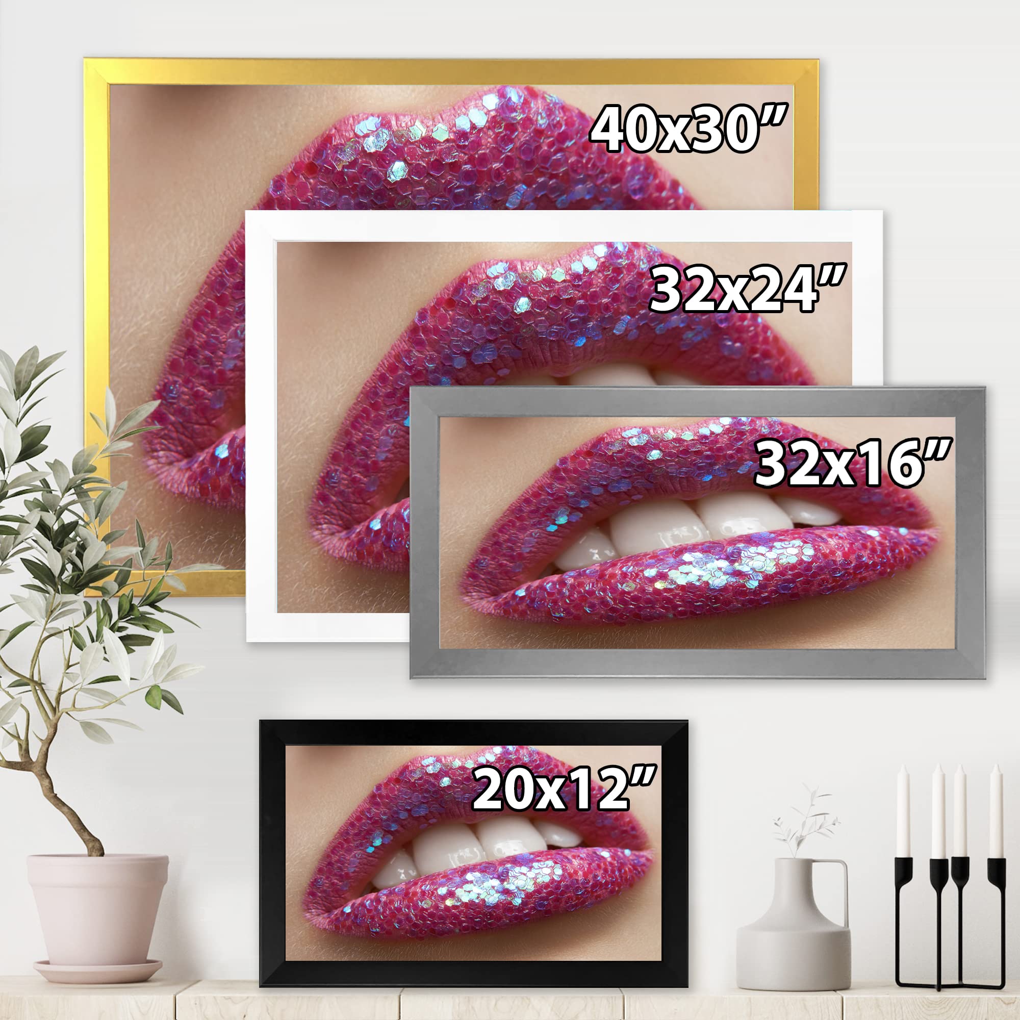 Pink Lipstick and Sequins Modern Framed Wall Art for Women - Elegant Home Decor for Living Room, Bedroom & Office