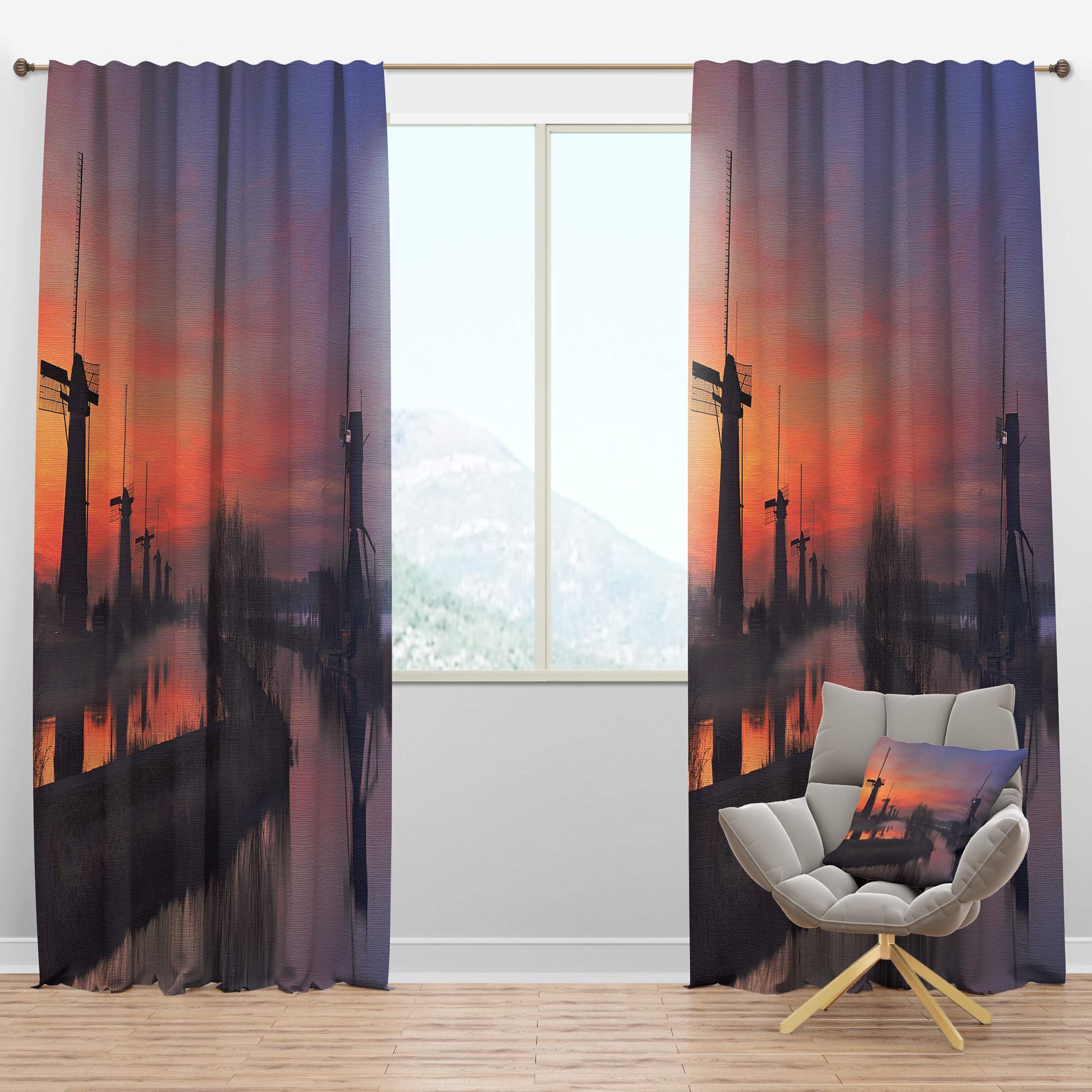 DesignQ Blackout Curtains 'Windmills at Sunrise Panorama' - Thermal Insulated Room Darkening Window Drapes for Bedroom & Living Room - 52x63 Inches Single Panel - Perfect for Home Decor, Light Blocking & Energy Efficiency