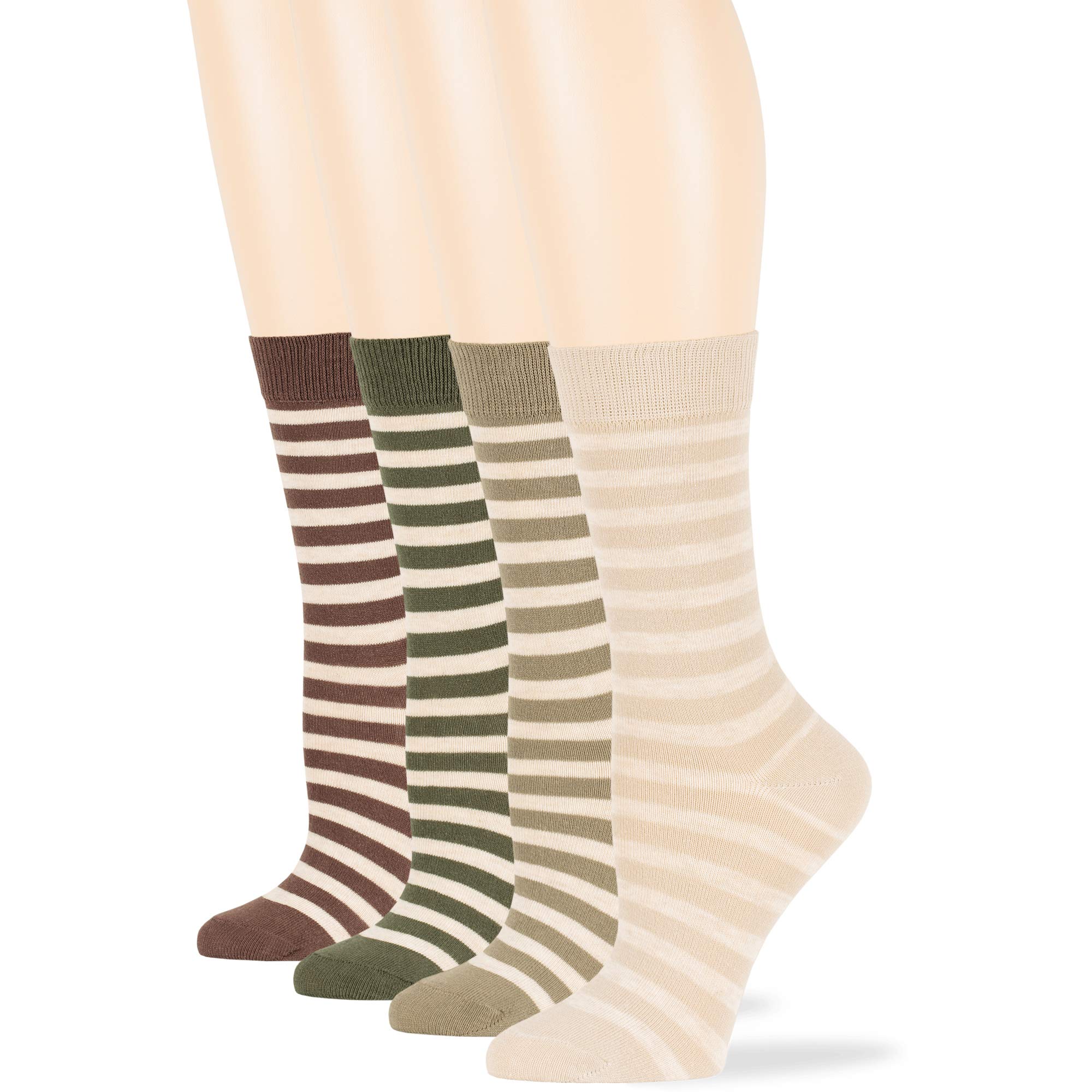 7BigStars Women's Cotton Dress Socks 4-Pack - Striped Crew Socks in Assorted Colors (Black, Brown, Blue, Grey, Beige, Khaki, Olive Green) - Comfortable & Breathable for Work, Office & Everyday Wear