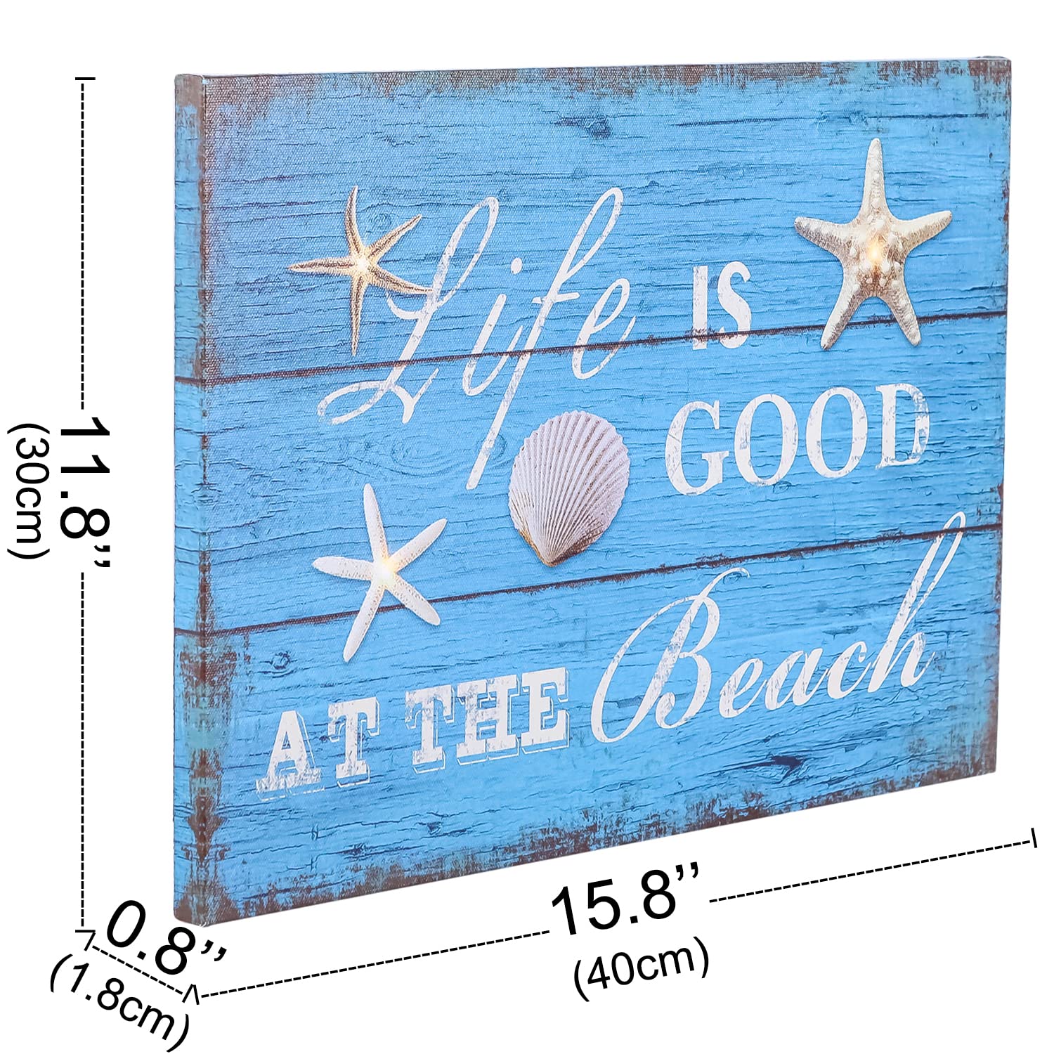 SOFFEE DESIGN Summer Sea LED Canvas Print - Starfish & Seashell Wall Art for Bathroom & Kitchen Decor - Wooden Framed Beach Photography - Life is Good at The Beach - Sea Blue Coastal Home Decor - Perfect for Beach House, Bathroom, Living Room & Bedroom Wall Art