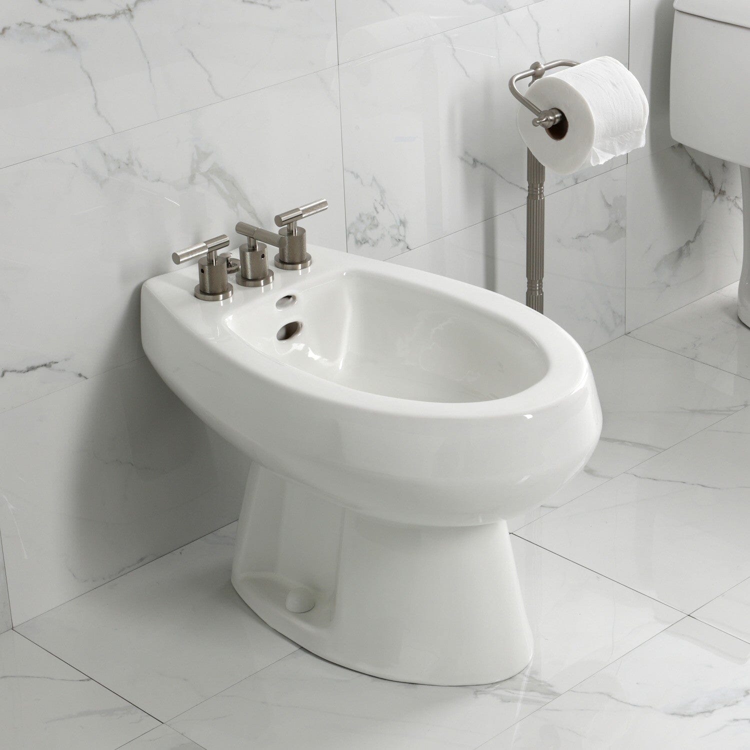 Convergent 3-Handle Deck Mount Bidet Faucet with Knurled Handle & Brass Pop-Up Drain - Perfect for Modern Bathroom Renovations & Luxury Home Upgrades