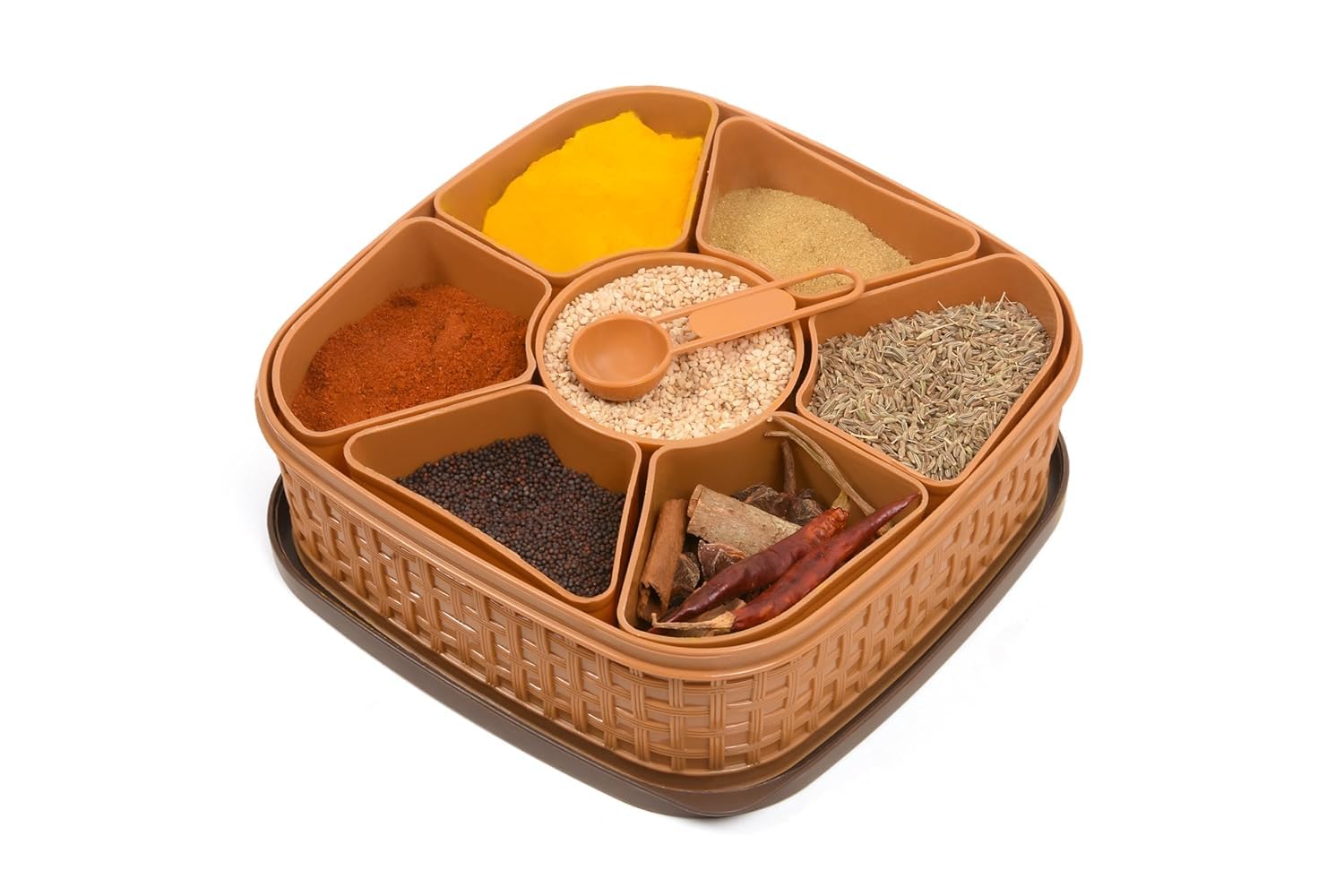 7-in-1 Plastic Square Masala Spice Box Set - Multipurpose Dry Fruit Storage Container - Brown Kitchen Organizer for Indian Cooking, Spice Storage & Pantry Organization