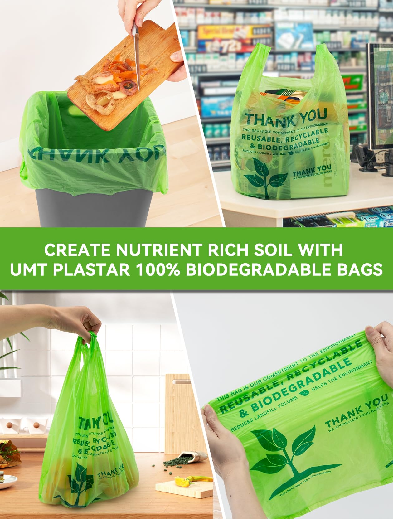 100% Biodegradable Compostable T-Shirt Bags - 100 Count Eco-Friendly Grocery Shopping Bags (11.5
