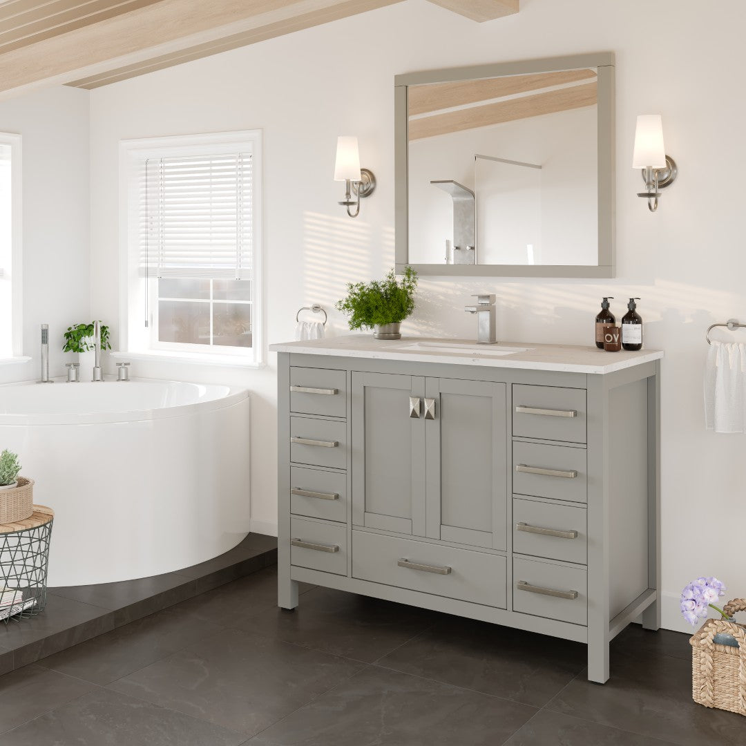 42 Inch Gray Single Sink Bathroom Vanity with Carrara Quartz Countertop & Undermount Porcelain Sink - Modern Bathroom Furniture for Master Bath, Guest Bath, and Powder Room Renovations