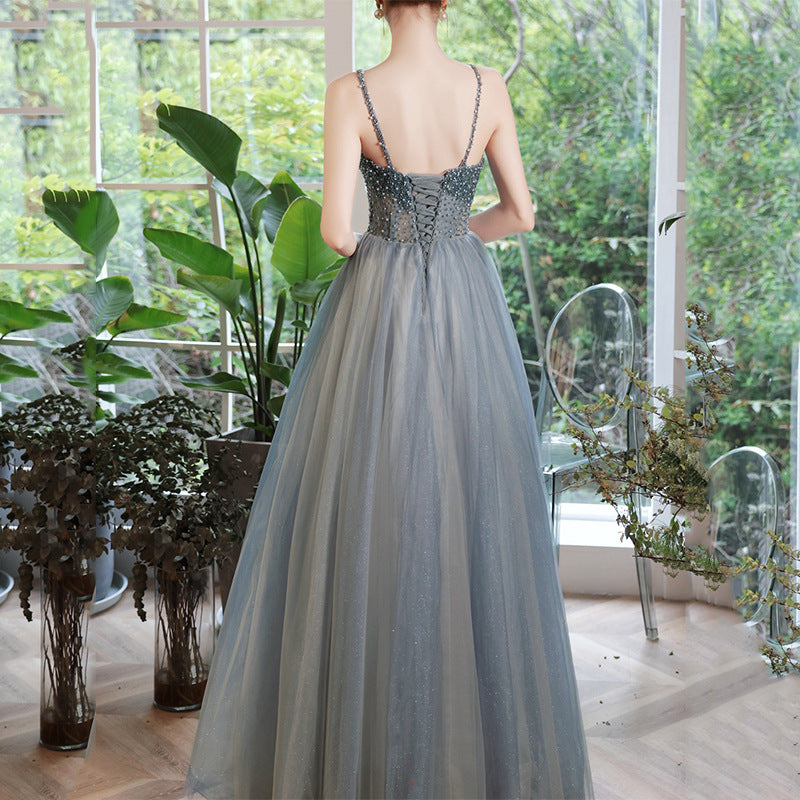 Elegant Beaded Blue Tulle Prom Dress with Spaghetti Straps - Formal Evening Gown for Homecoming, Quinceañera & Special Occasions