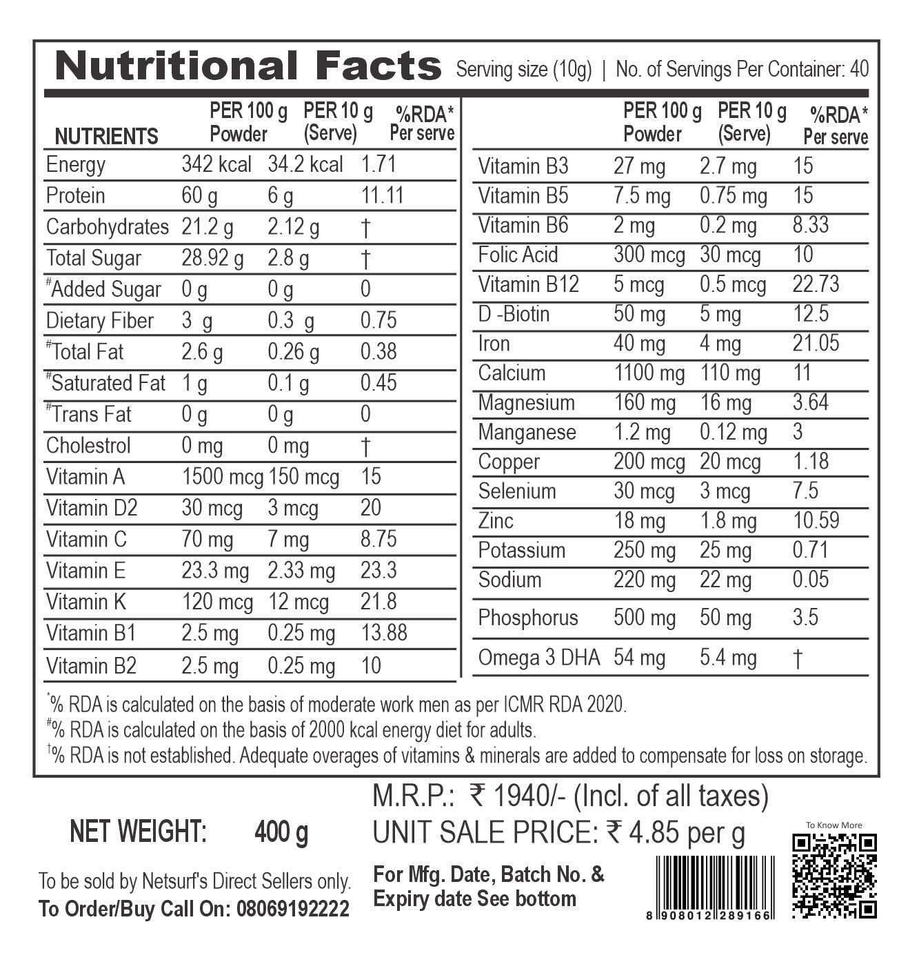 Naturamore Plus Protein Powder - 60% High Protein with Lutein, Probiotics & Omega 3 DHA | Gluten-Free, Non-GMO, No Sugar Added | French Vanilla Flavor 400g - Perfect for Post-Workout Recovery & Healthy Lifestyle