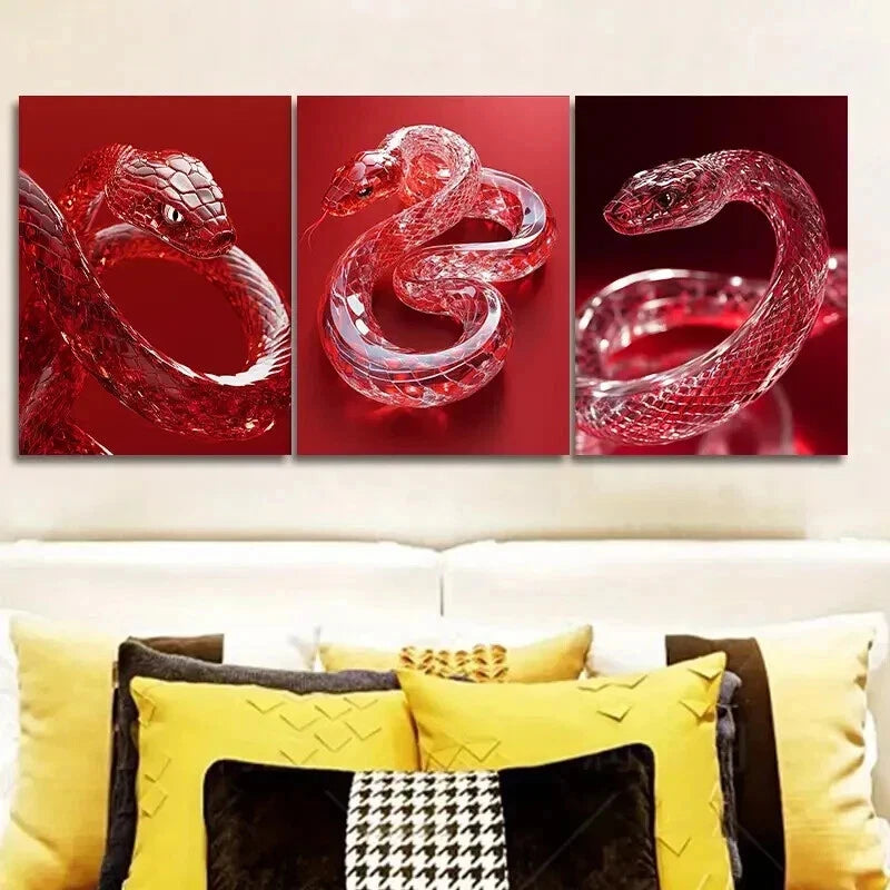 3Pcs Red Crystal Snake Wall Art Set - Framed Canvas Prints 50x70cm - High Quality Australian Made Wall Decor - Ready to Hang - Perfect for Living Room, Bedroom & Office Decor