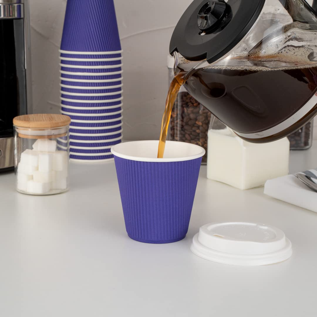 Restaurantware 8oz Insulated Coffee Cups with Lids - 400 Pack Leakproof Ripple Wall Hot Cups, Non-Slip Royal Purple Disposable Paper Cups for Coffee, Tea, Hot Cocoa & Lattes - Perfect for Cafes, Offices & Catering Events
