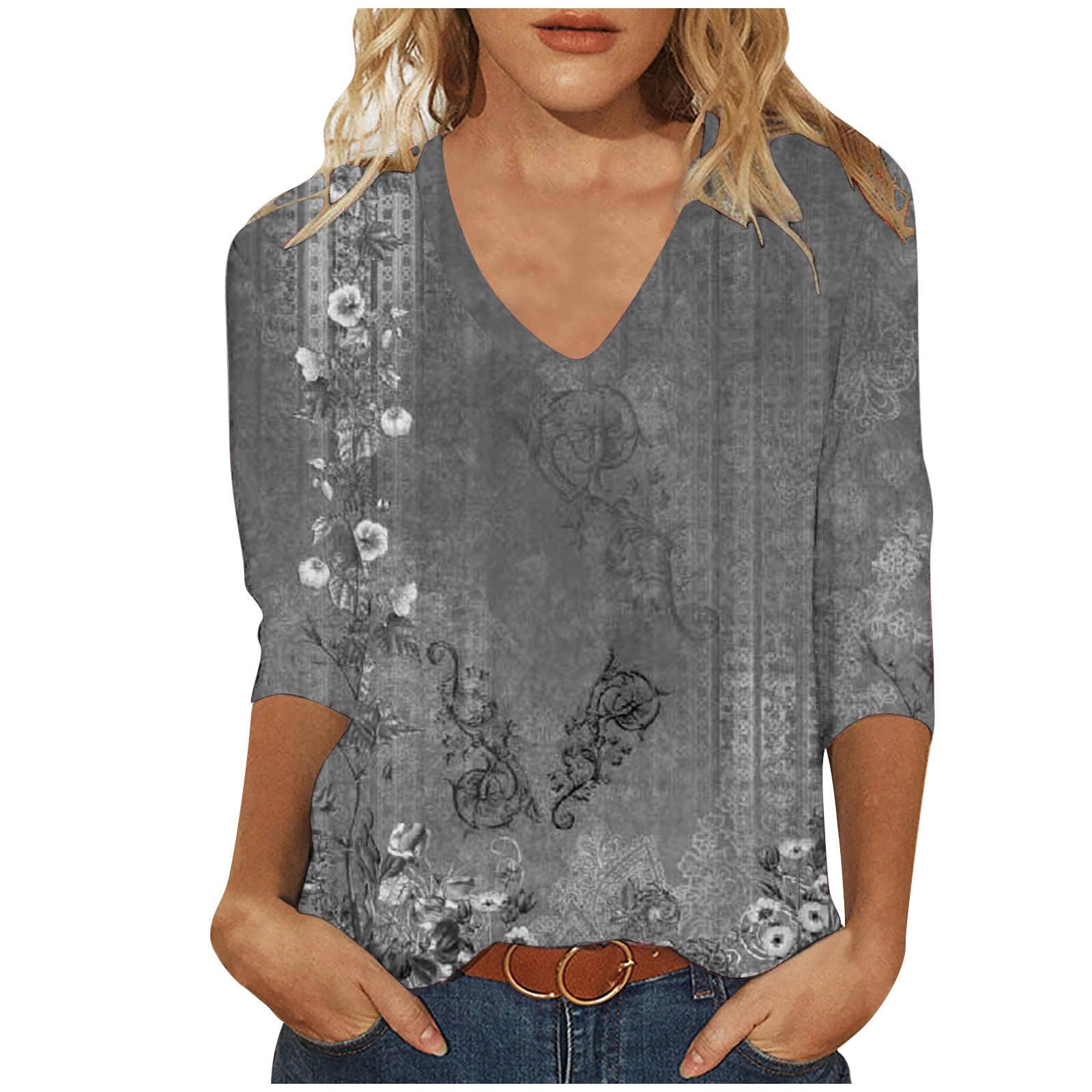 Trendy 2024 Women's 3/4 Sleeve V-Neck Blouse with Ethnic Print for Casual Outings