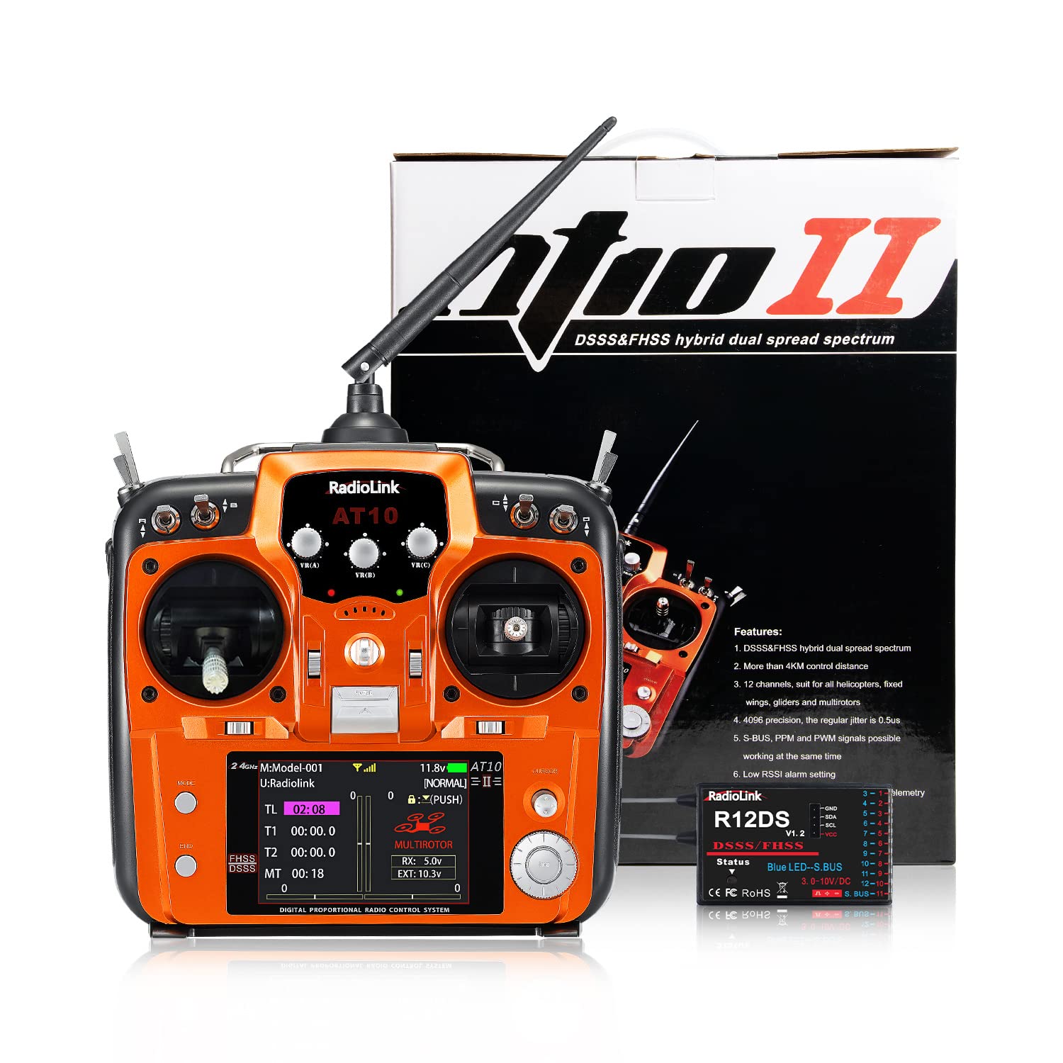 Radiolink AT10II 2.4Ghz 12 Channel RC Transmitter with 2 R12DS Receivers - Long Range Radio Controller for RC Airplanes, Drones, FPV, Quadcopters & Helicopters (Mode 2 Left Hand Throttle) | Perfect for Aerial Photography, Racing & Hobby Flying