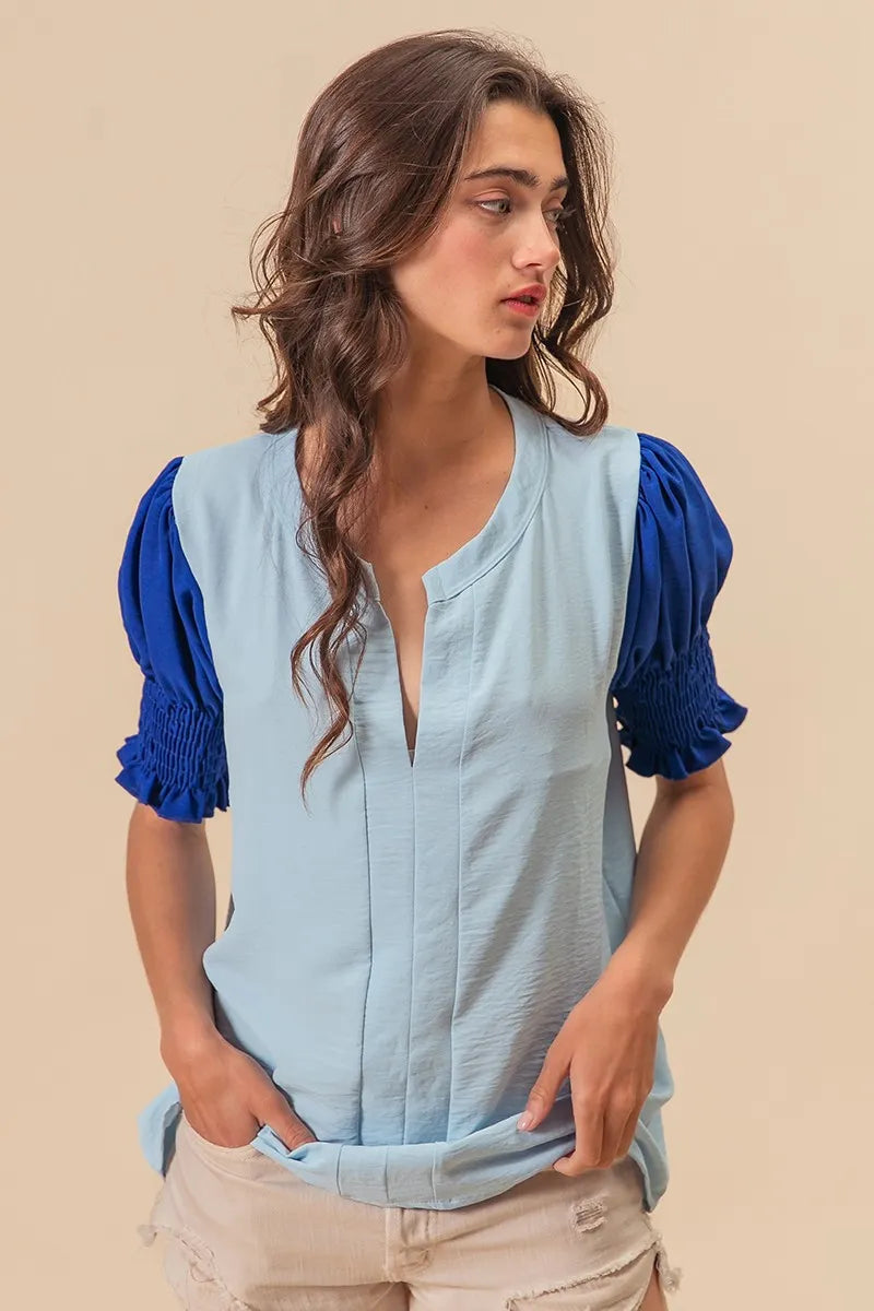 BiBi Air Flow Color Block Puff Sleeves V Neck Top - Breathable Summer Blouse for Women, Fashionable Casual Wear for Outings & Dates