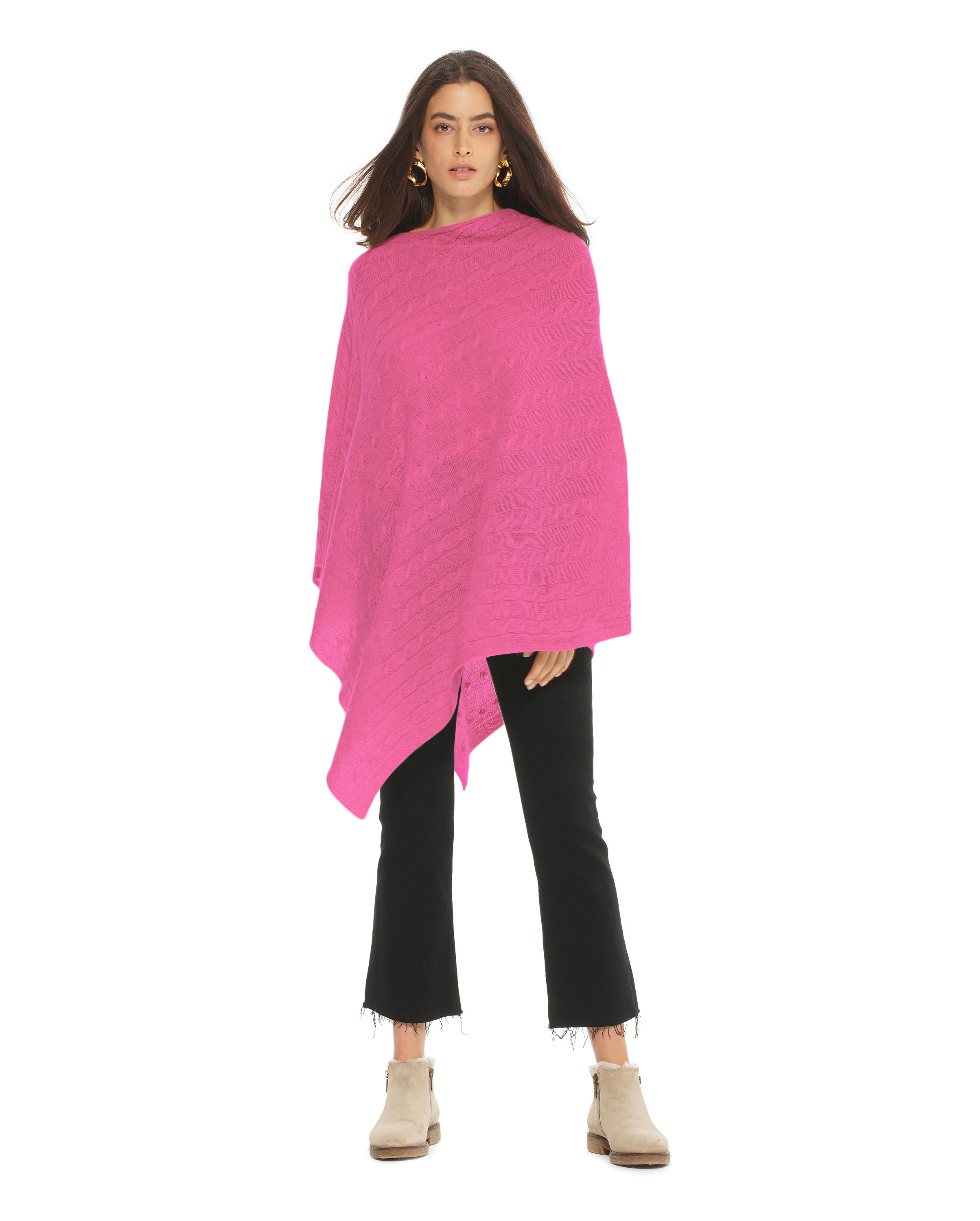 Luxury Women's Pure Cashmere Cable Knit Poncho Wrap - Soft Fuchsia Pink Winter Shawl for Women - Perfect for Fall, Winter & Holiday Outfits