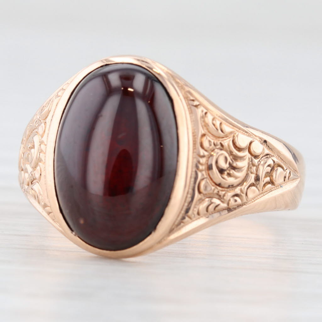 Antique 10k Rose Gold Garnet Ring - Hand Engraved Ornate Oval Cabochon Solitaire Jewelry for Women | Vintage Style Engagement, Wedding, Anniversary Gift