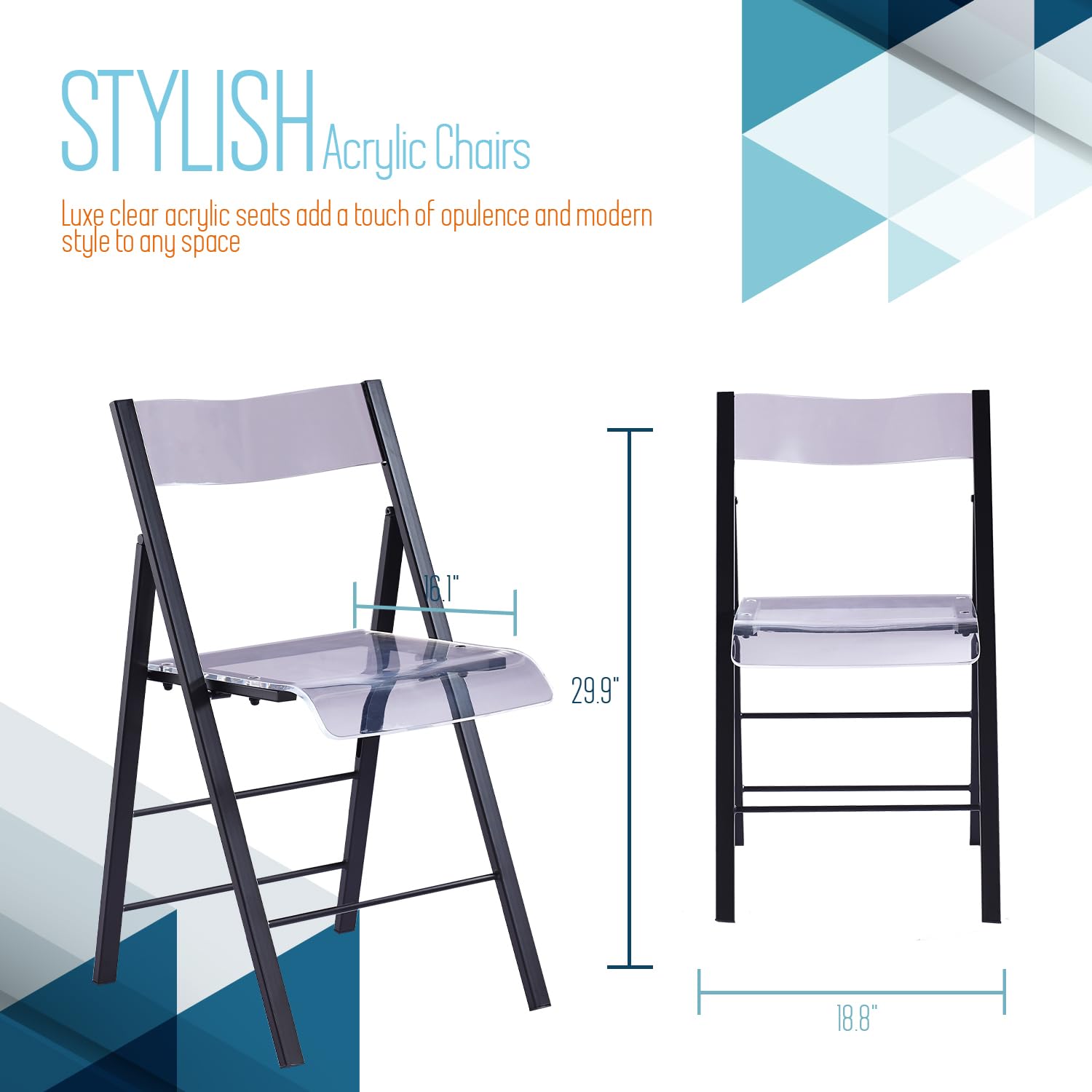 Kasper Flex Modern Acrylic Folding Chairs - Set of 2 Clear Lucite Chairs with Chrome Steel Frame for Dining Room, Office, Patio & Events - Indoor/Outdoor Stackable Transparent Chairs for Home, Restaurant & Wedding Decor