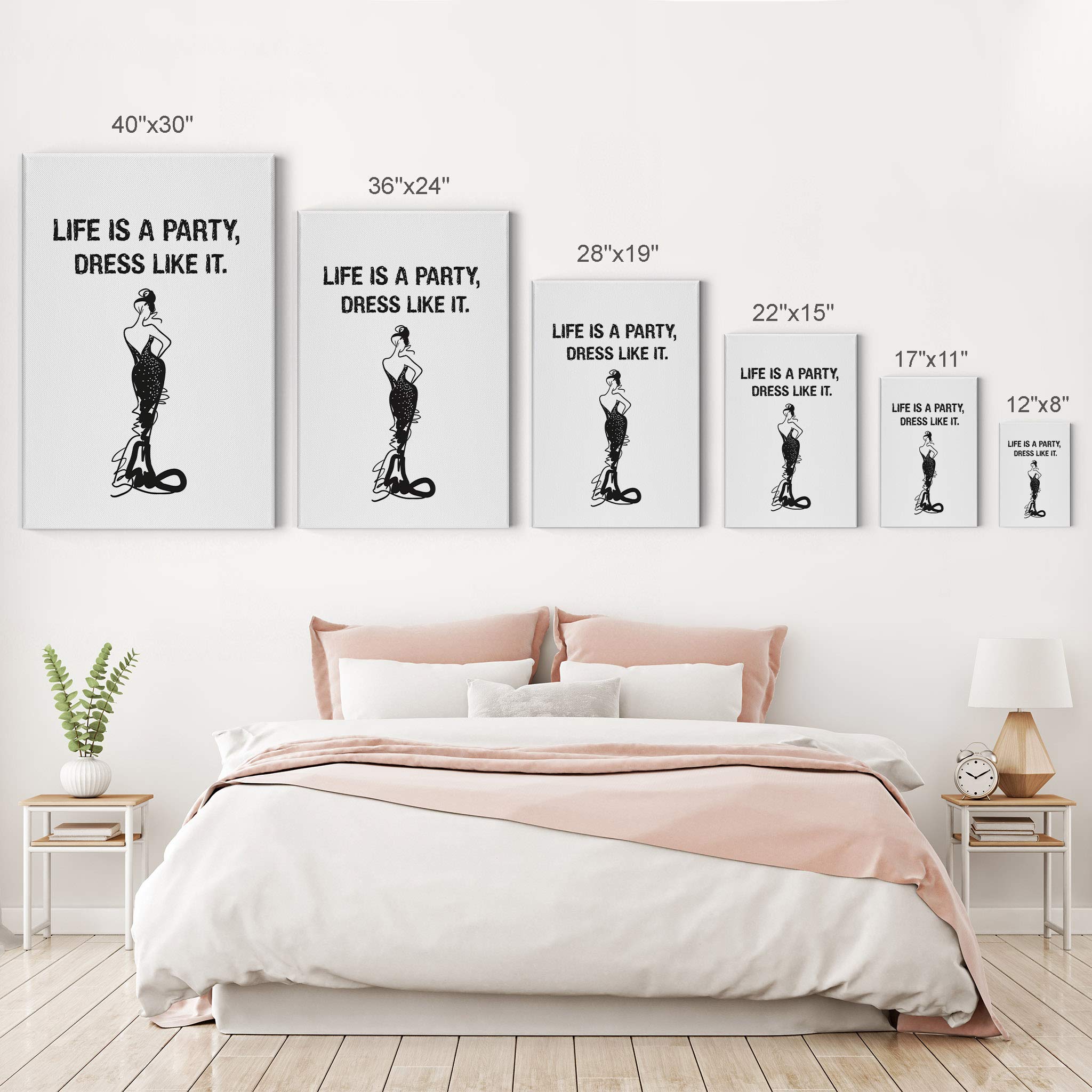 Life is a Party Dress Like It Quote - Glam Fashion Canvas Wall Art Print for Women & Teens (40x30 Inch) - Perfect for Bedroom, Living Room, Office & Dorm Decor - Ready to Hang Home Décor
