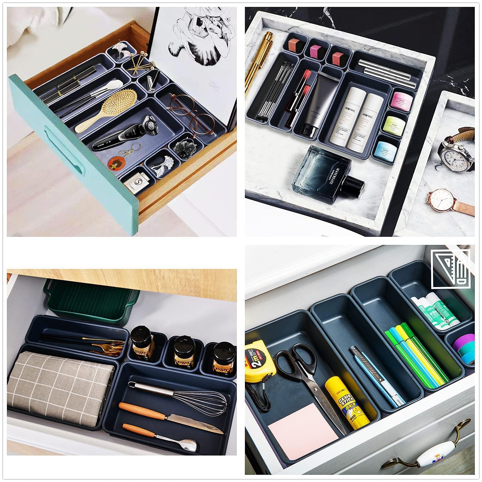 8-Piece Clear Plastic Drawer Organizer Set - 3-Size Versatile Storage Trays for Bathroom, Vanity, Makeup, Bedroom, Kitchen & Office Supplies - Perfect for Home Organization & Decluttering (Black)
