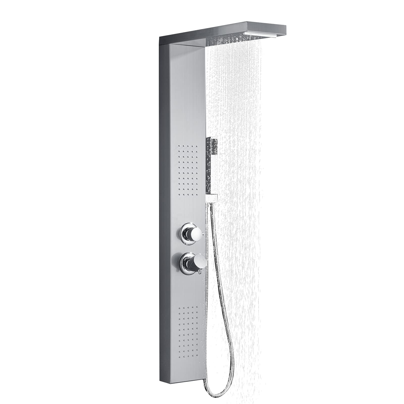 UISEBRT Stainless Steel Hydromassage Shower Panel - 4 Function Shower System with Fixed Showerhead, Massage Jets, Handheld Shower & Bath Spout (Silver) | Perfect for Spa-Like Bathroom Upgrades & Luxury Home Renovations