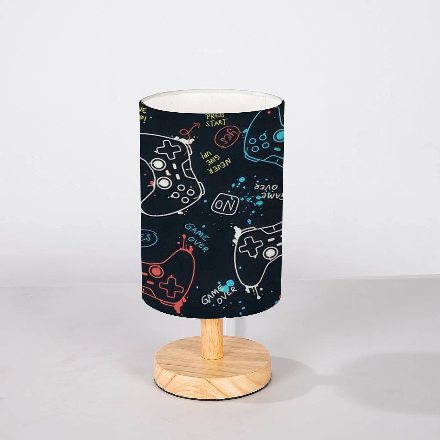 Minimalist Wooden Bedside Table Lamp with Flaxen Fabric Shade - Solid Wood Base Nightstand Lamp with Joystick Gamepad Design for Bedroom, Living Room & Office - Perfect for Gaming Rooms, Reading Nooks and Cozy Home Decor